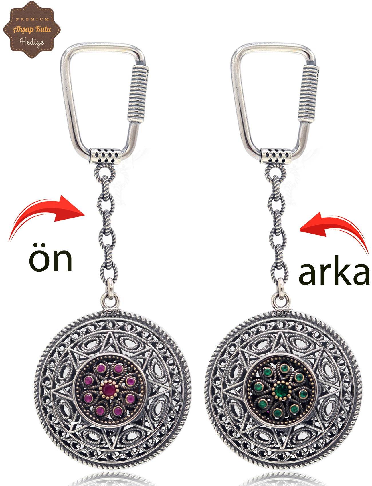 Yakut ve Zümrüt Taşlı Yıldız Model Çift Taraflı Oksitli Gümüş Telkari Anahtarlık 201025179