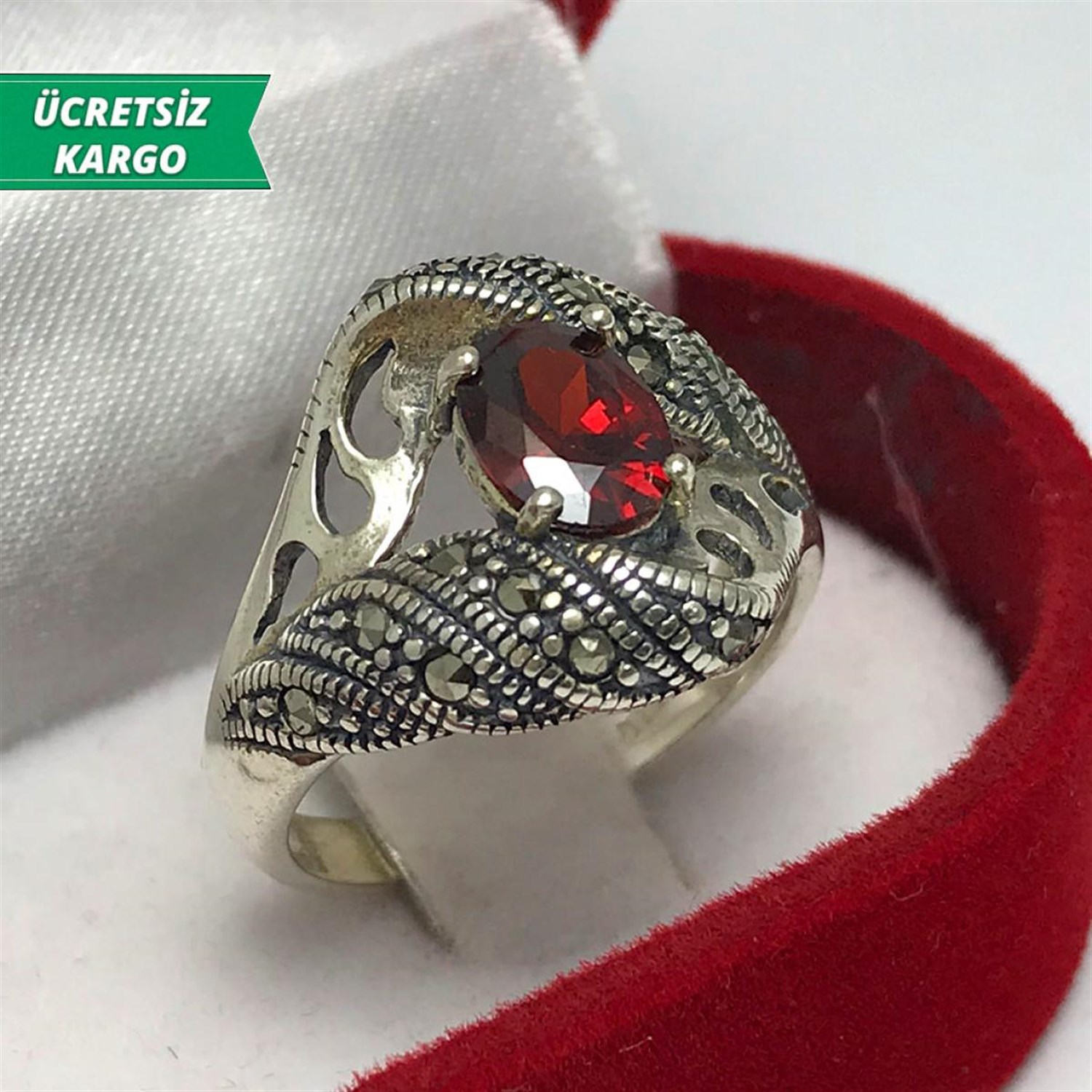 Kök Yakut Taşlı Markazit Bayan Gümüş Yüzük