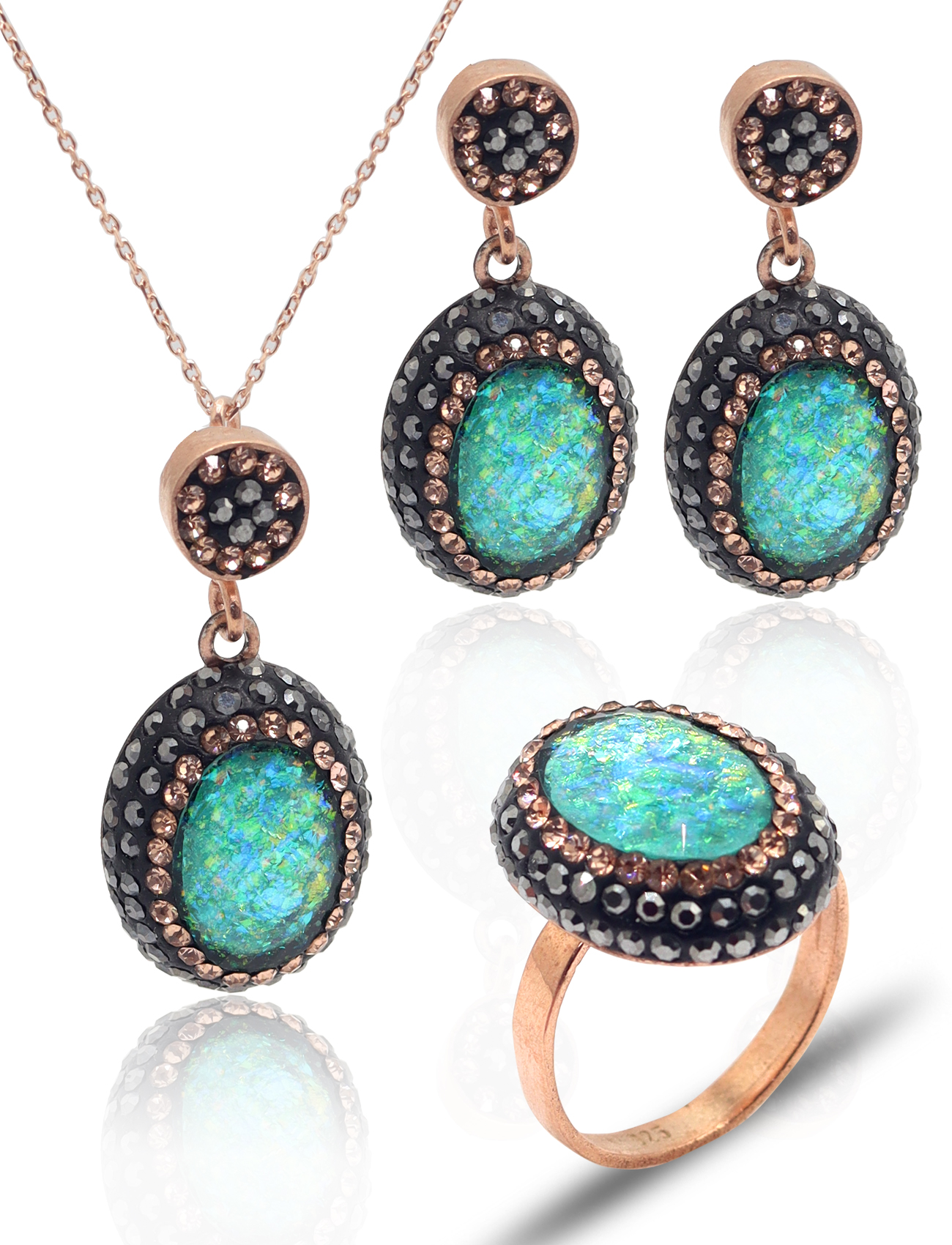 Yeşil Paraiba ve Swarovski Taşlı 925 Ayar Gümüş Kadın Üçlü Set 201025578