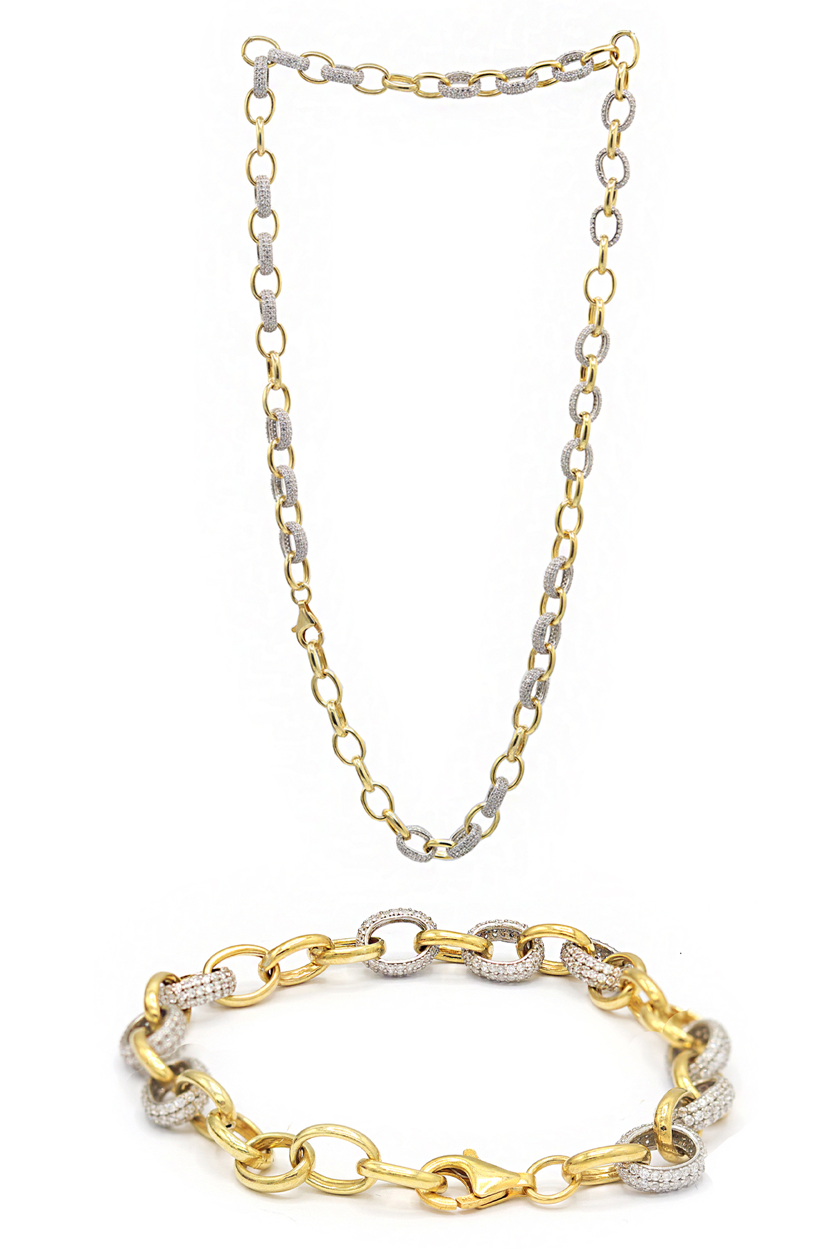 Zirkon Taşlı 925 Ayar Gümüş Gold Gurme Zincir İkili Set 201021769