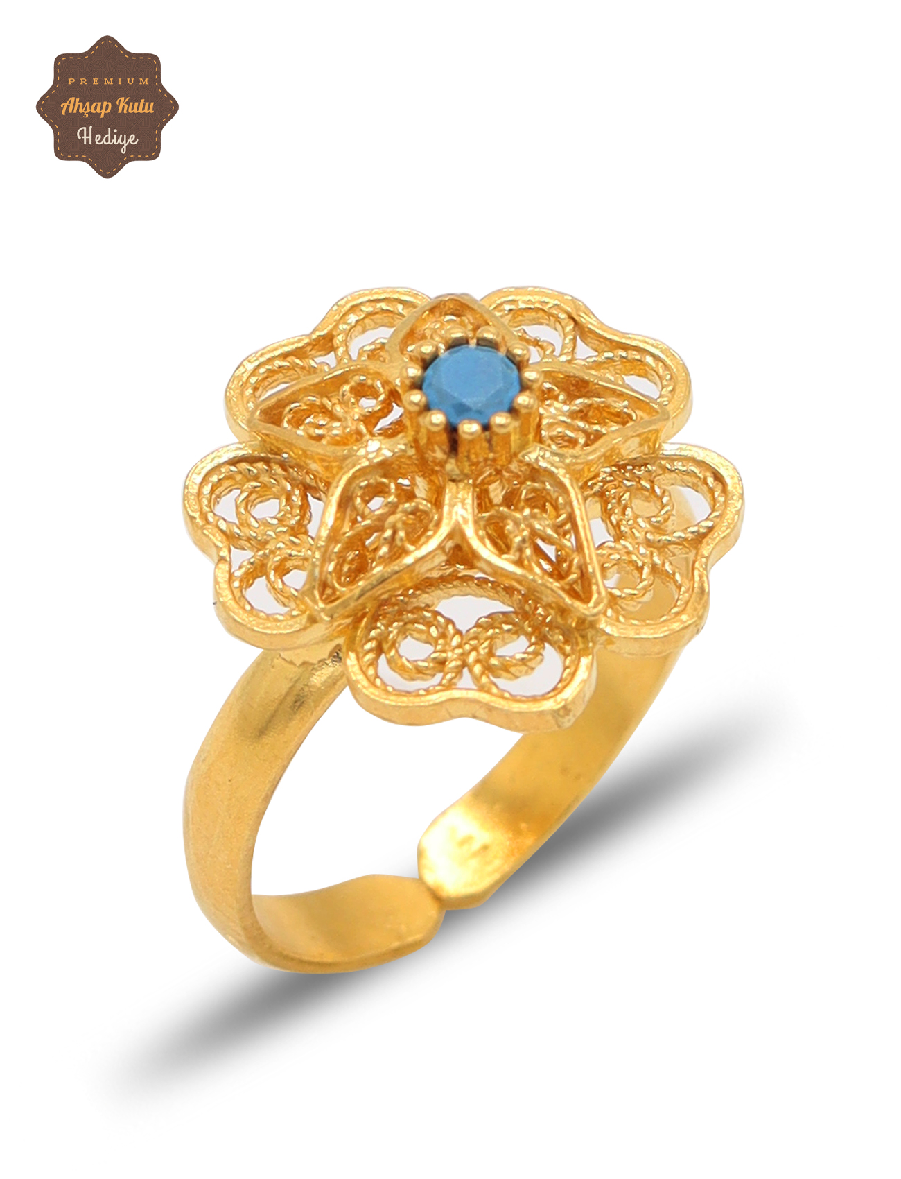 Firuze Taşlı Gül Model Gold Kaplama 925 Ayar Gümüş Telkari Kadın Yüzük 201025483