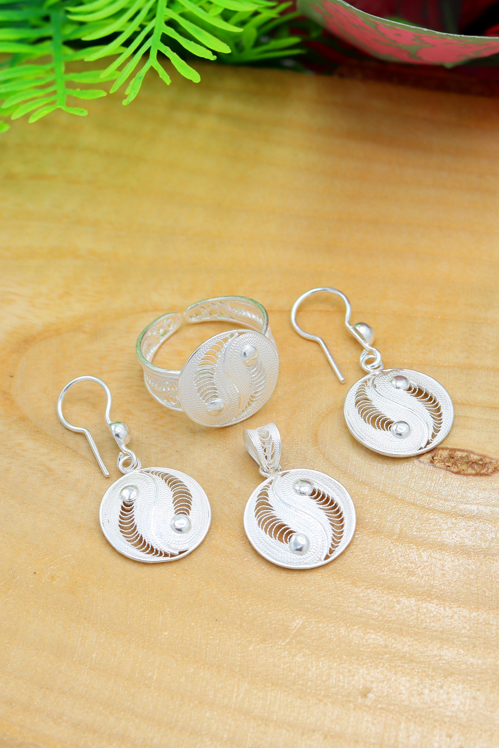 Ying Yang Model Kadın 925 Ayar Gümüş Telkari Üçlü Set 201022198
