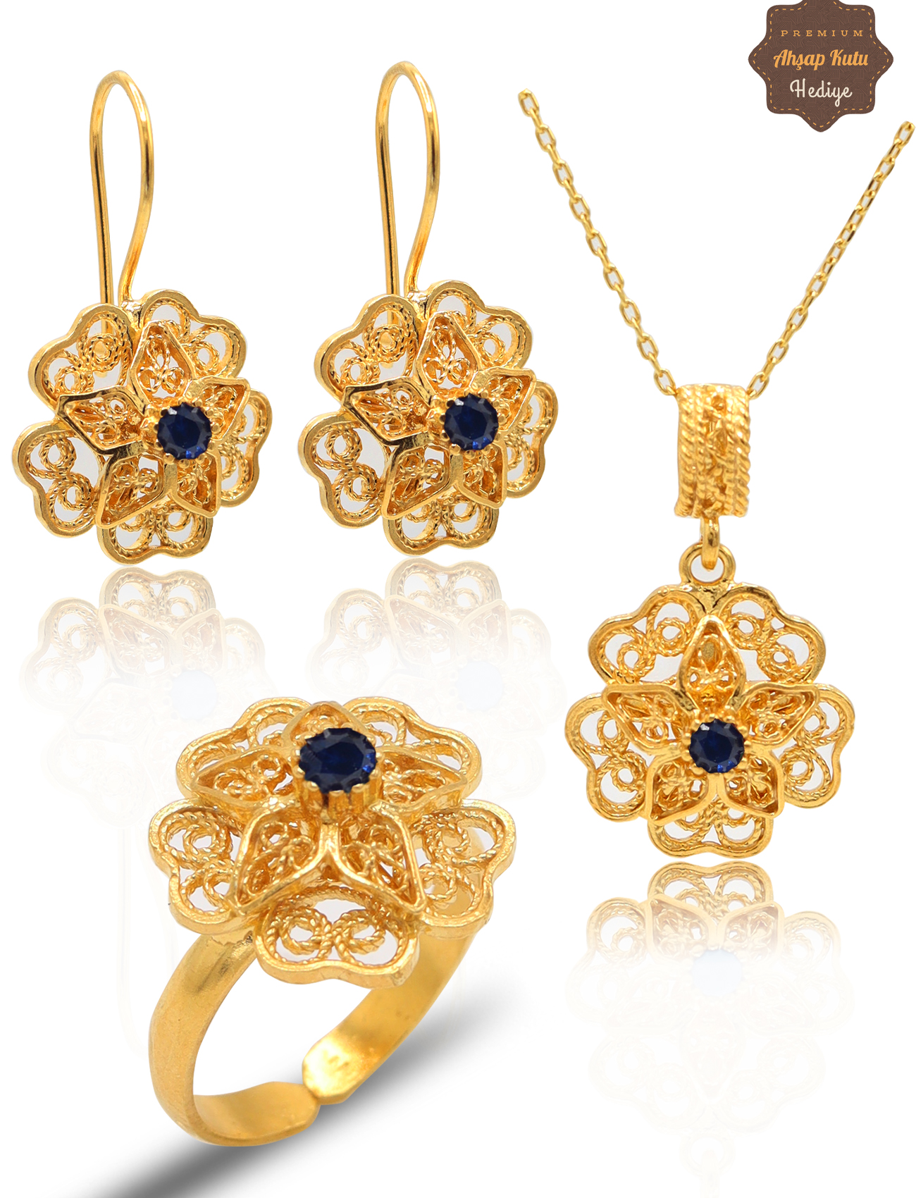 Safir Taşlı Gül Model Kadın Gold Kaplama 925 Ayar Gümüş Telkari Üçlü Set 201025481