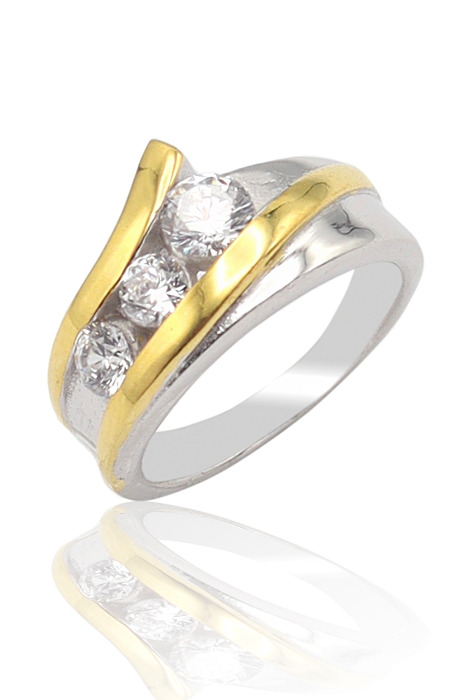Kristal Kesim Gold Kaplama 925 Ayar Gümüş Üçtaş Yüzük 201022857