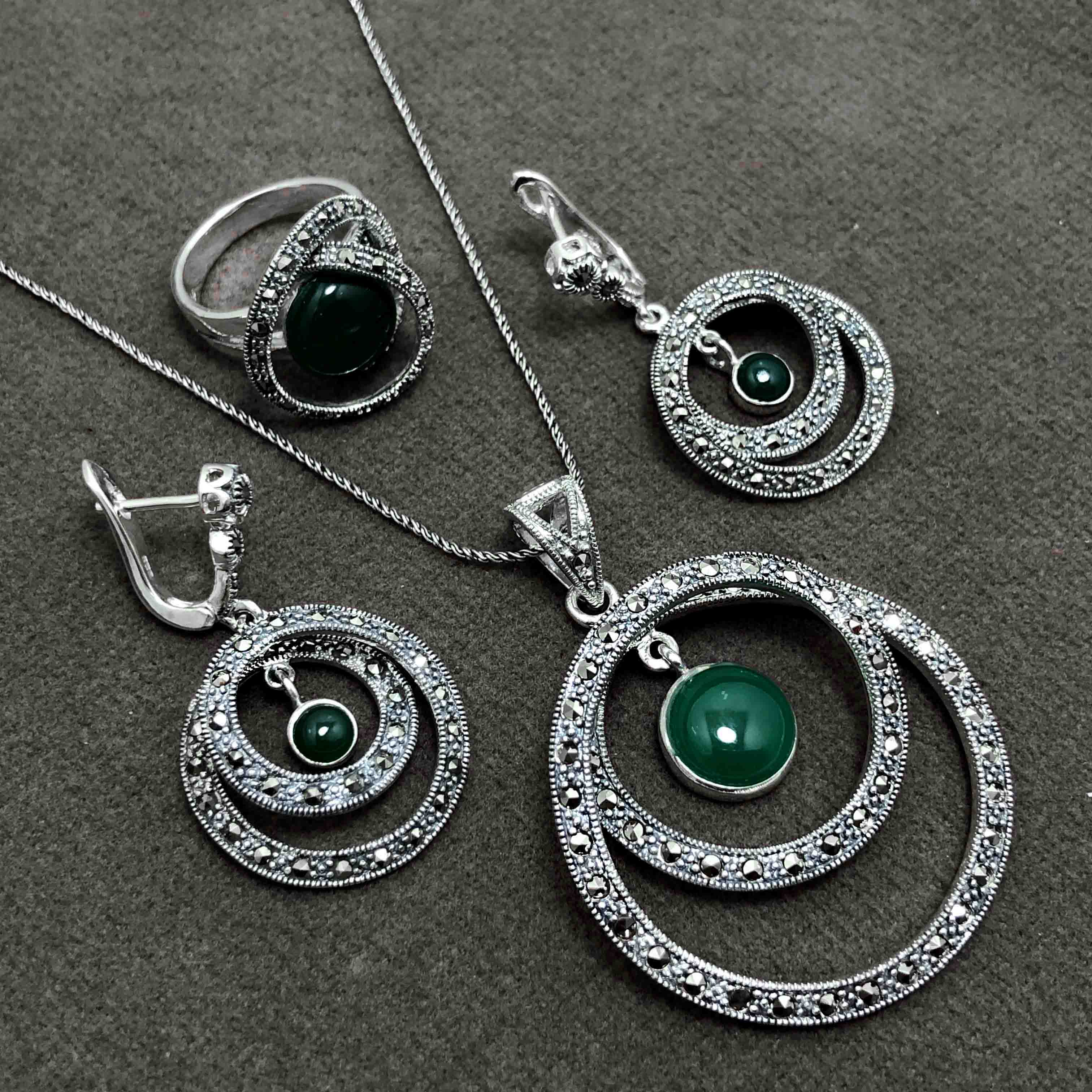 Zümrüt Ve Markazit Taşlı Halka Model Gümüş Markazit Set