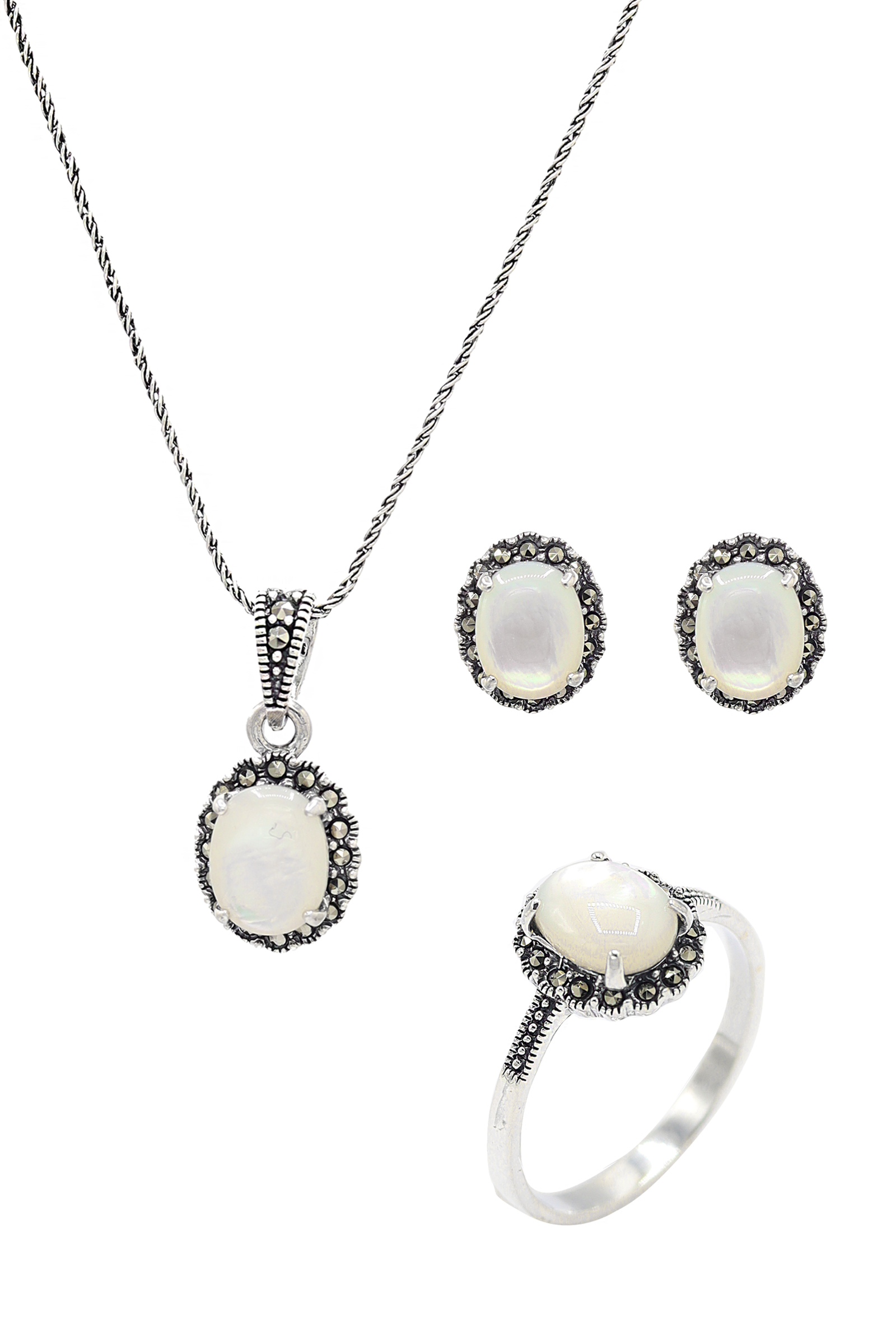Sedef ve Markazit Taşlı 925 Ayar Gümüş Üçlü Set 201021944