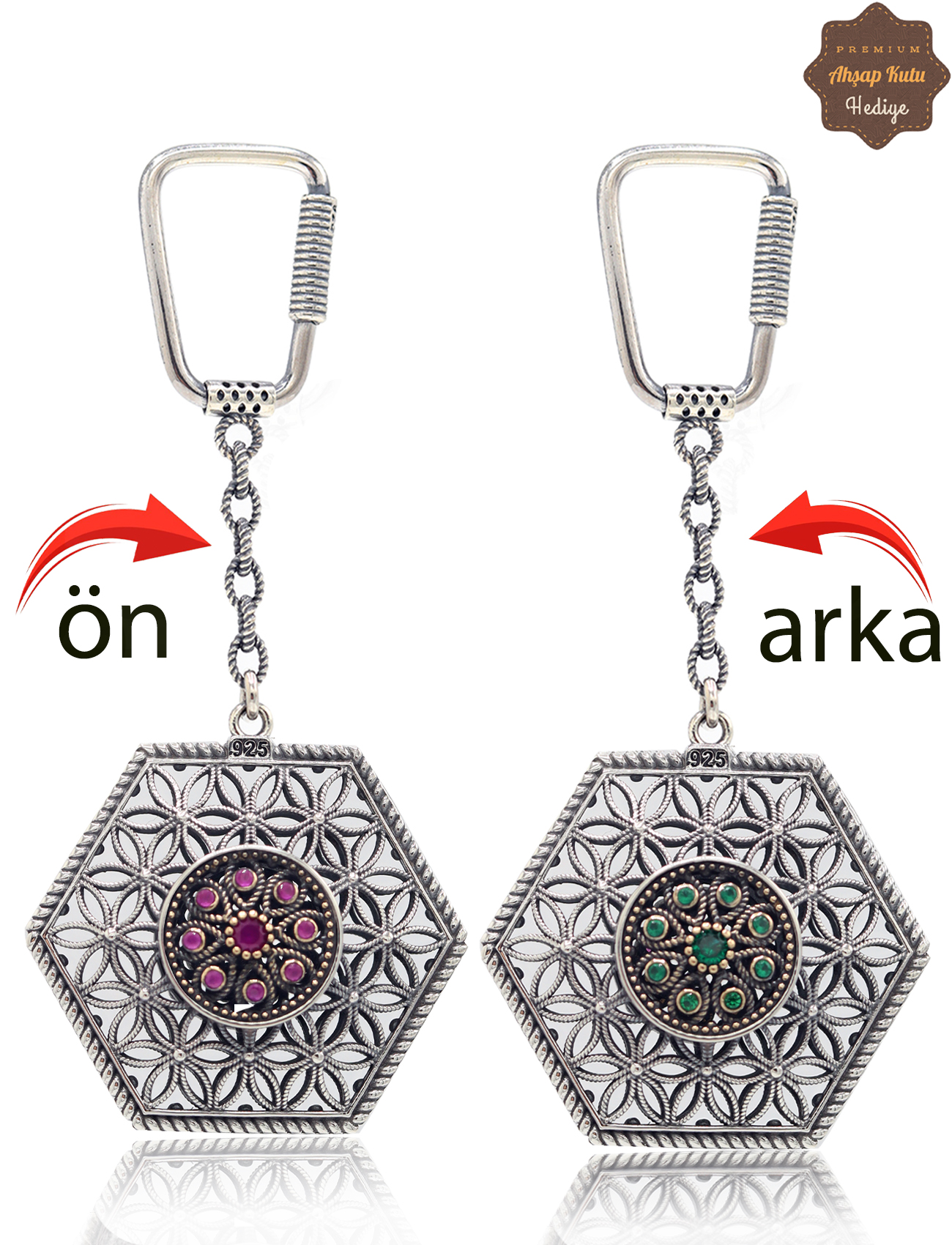 Yakut ve Zümrüt Taşlı Çiçek Model Çift Taraflı Oksitli Gümüş Telkari Anahtarlık 201025184