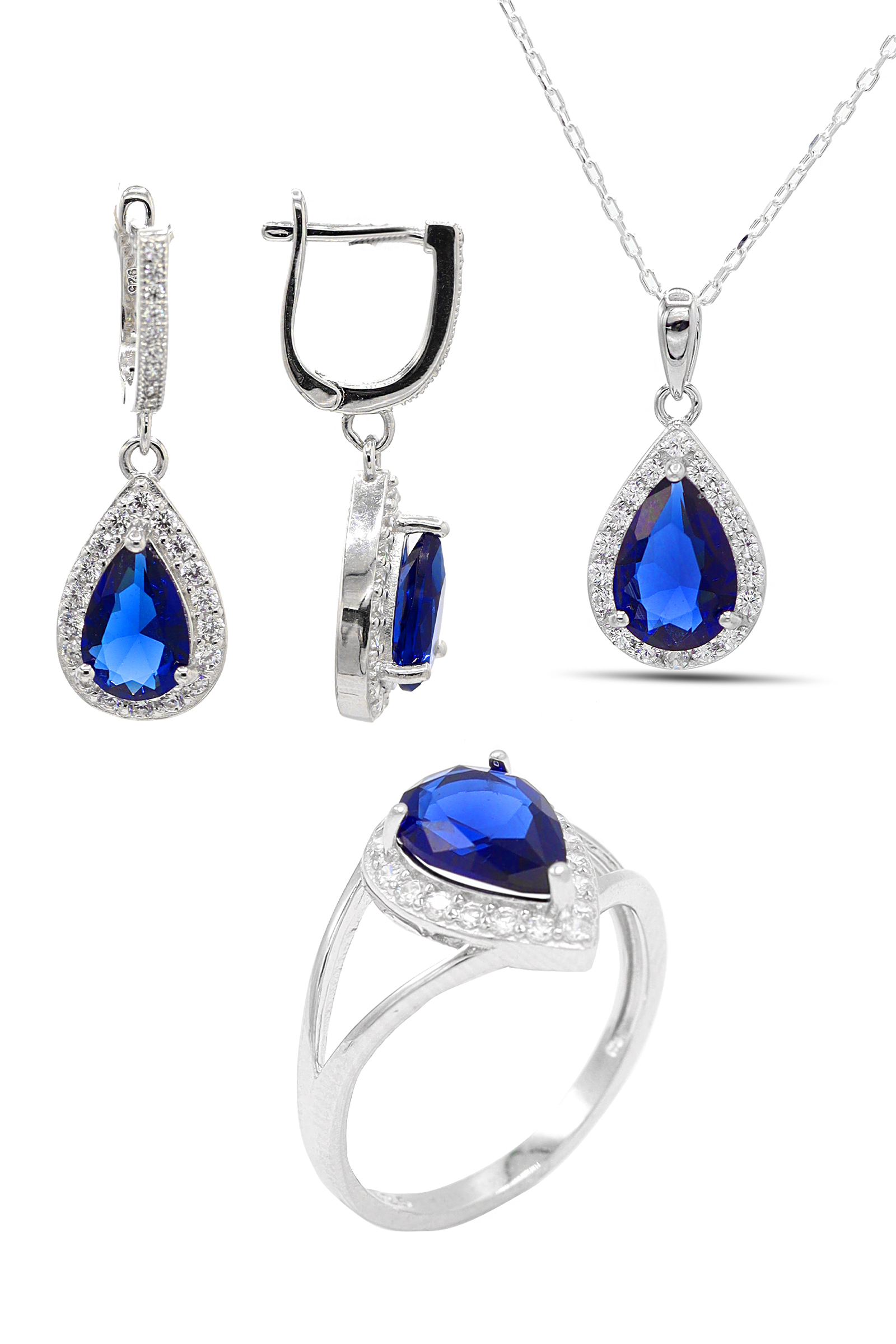 Safir Taşlı 925 Ayar Gümüş Üçlü Set 201021919