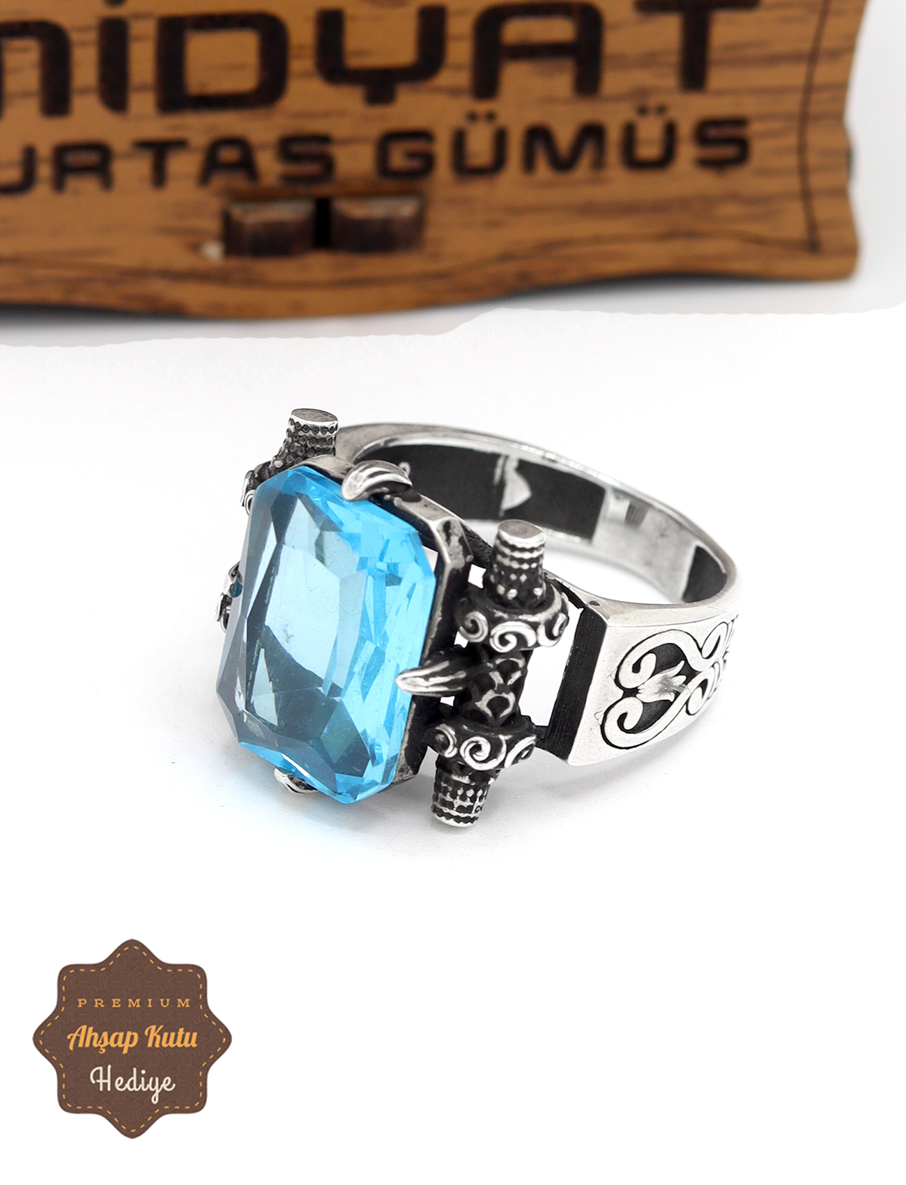 Akuamarin Taşlı Motif Desenli 925 Ayar Gümüş Erkek Yüzük 201024909