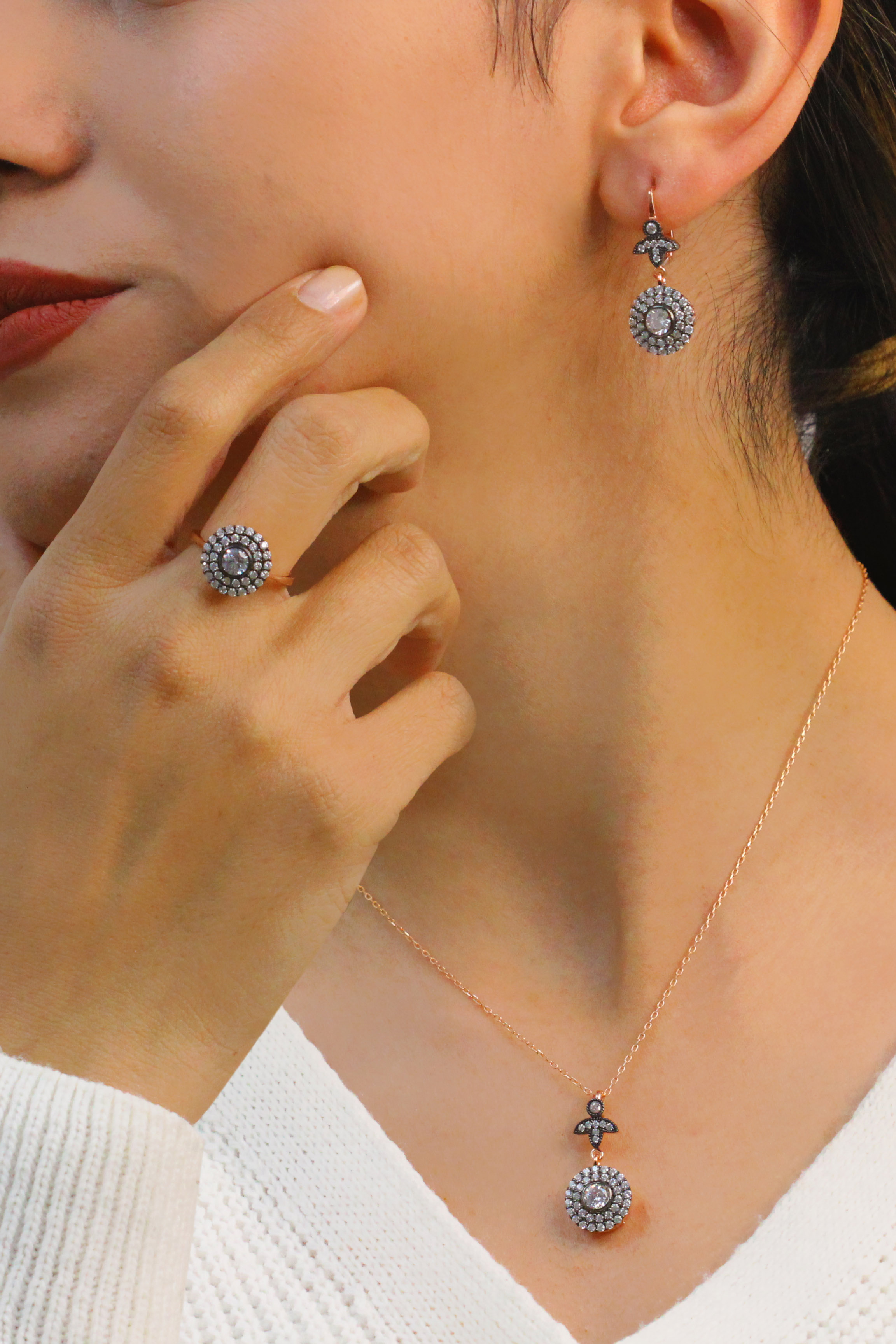 Oval Model Rose Kaplama Gümüş Üçlü Set