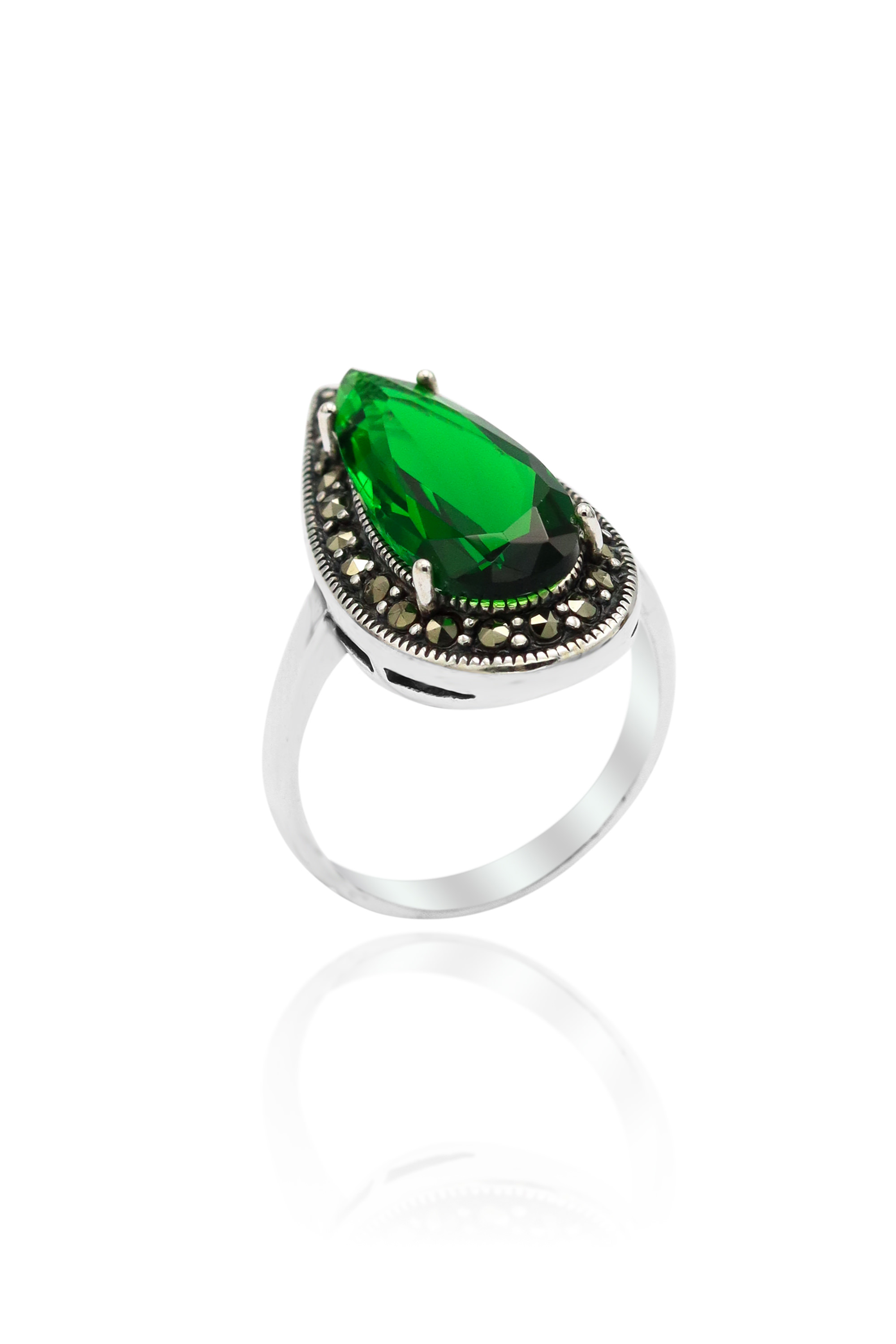 Damla Model Zümrüt Taşlı Markazit Gümüş Yüzük (Stok Kodu: 201020124)