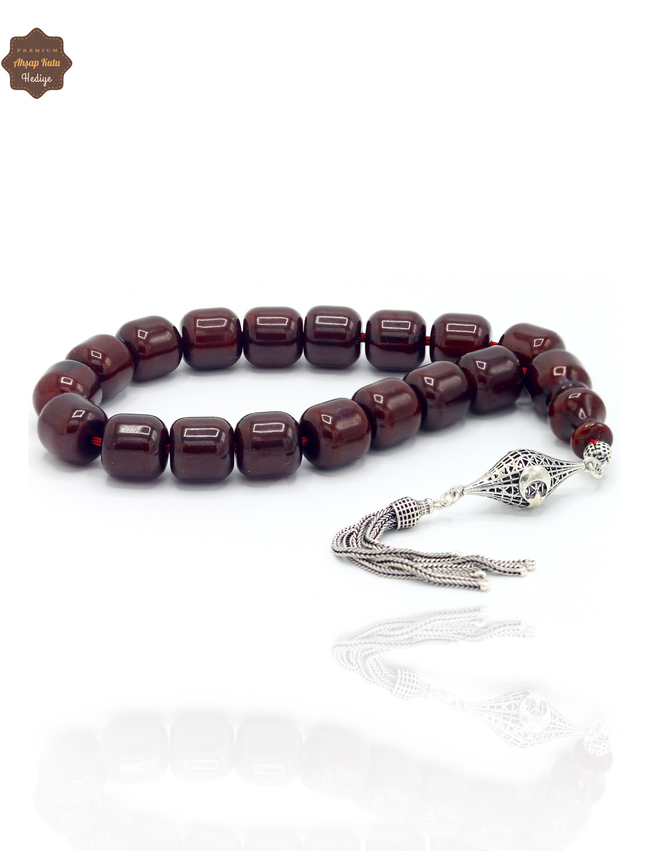 Bordo Kapsül Kesim Gümüş Püsküllü Efe Maskot Sıkma Kehribar Tesbih 201025209