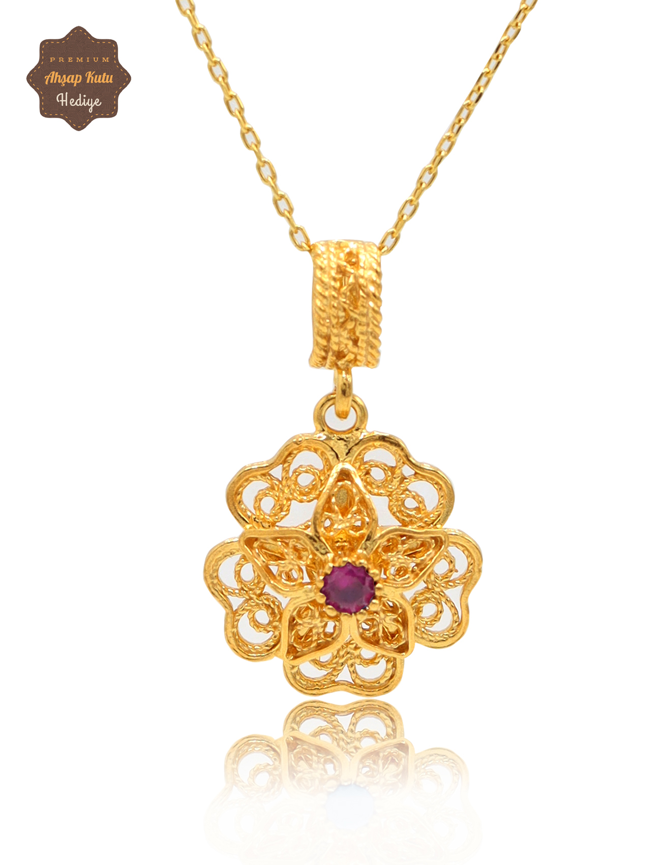 Yakut Taşlı Gül Model Gold Kaplama 925 Ayar Gümüş Telkari Kolye 201025490