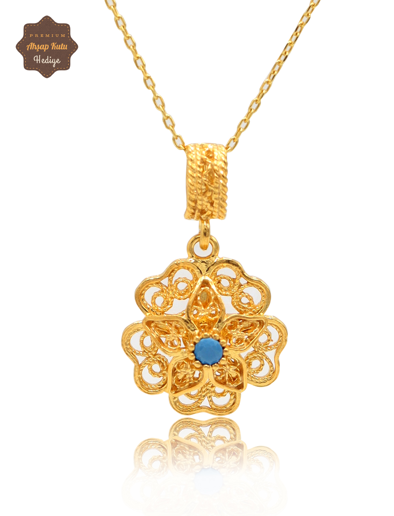 Firuze Taşlı Gül Model Gold Kaplama 925 Ayar Gümüş Telkari Kolye 201025487