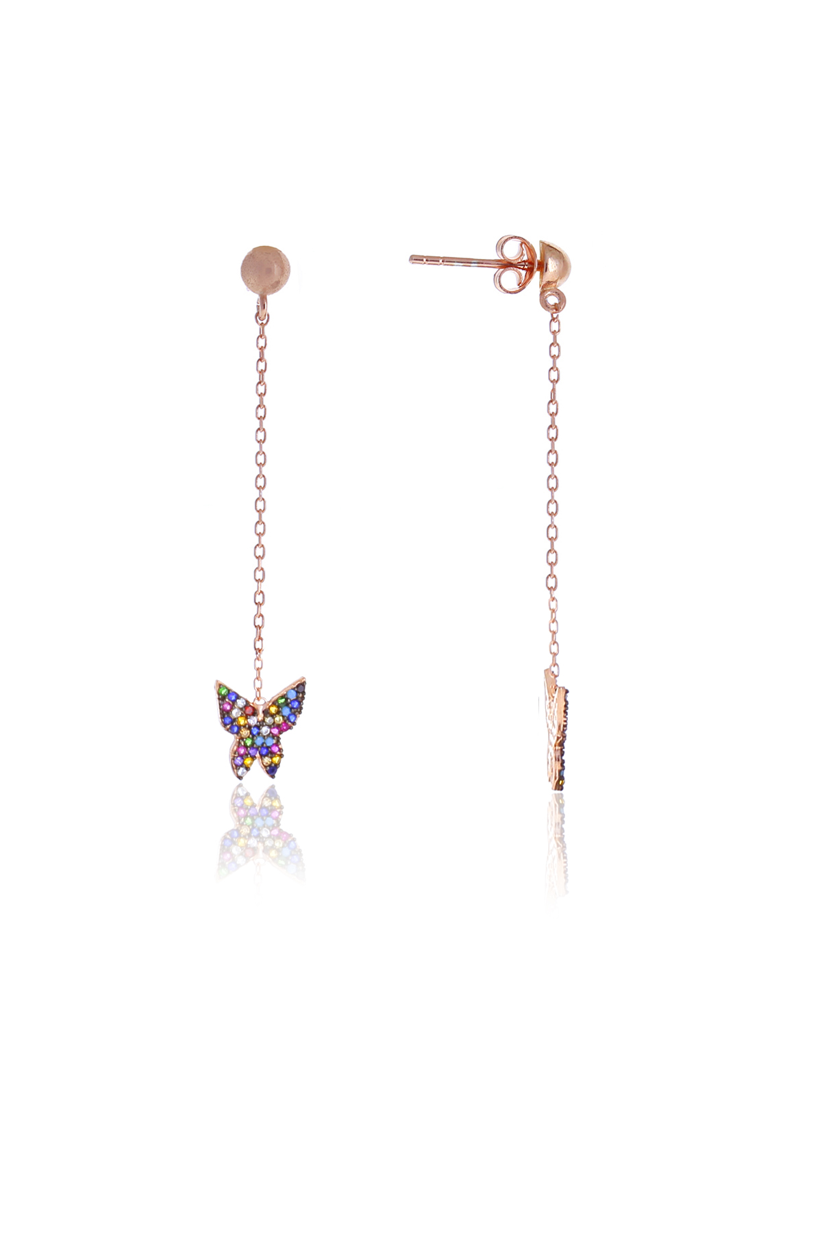 Karışık Renkli Kelebek Model Zirkon Taşlı Rose Kaplama Gümüş Kadın Küpe 201025007