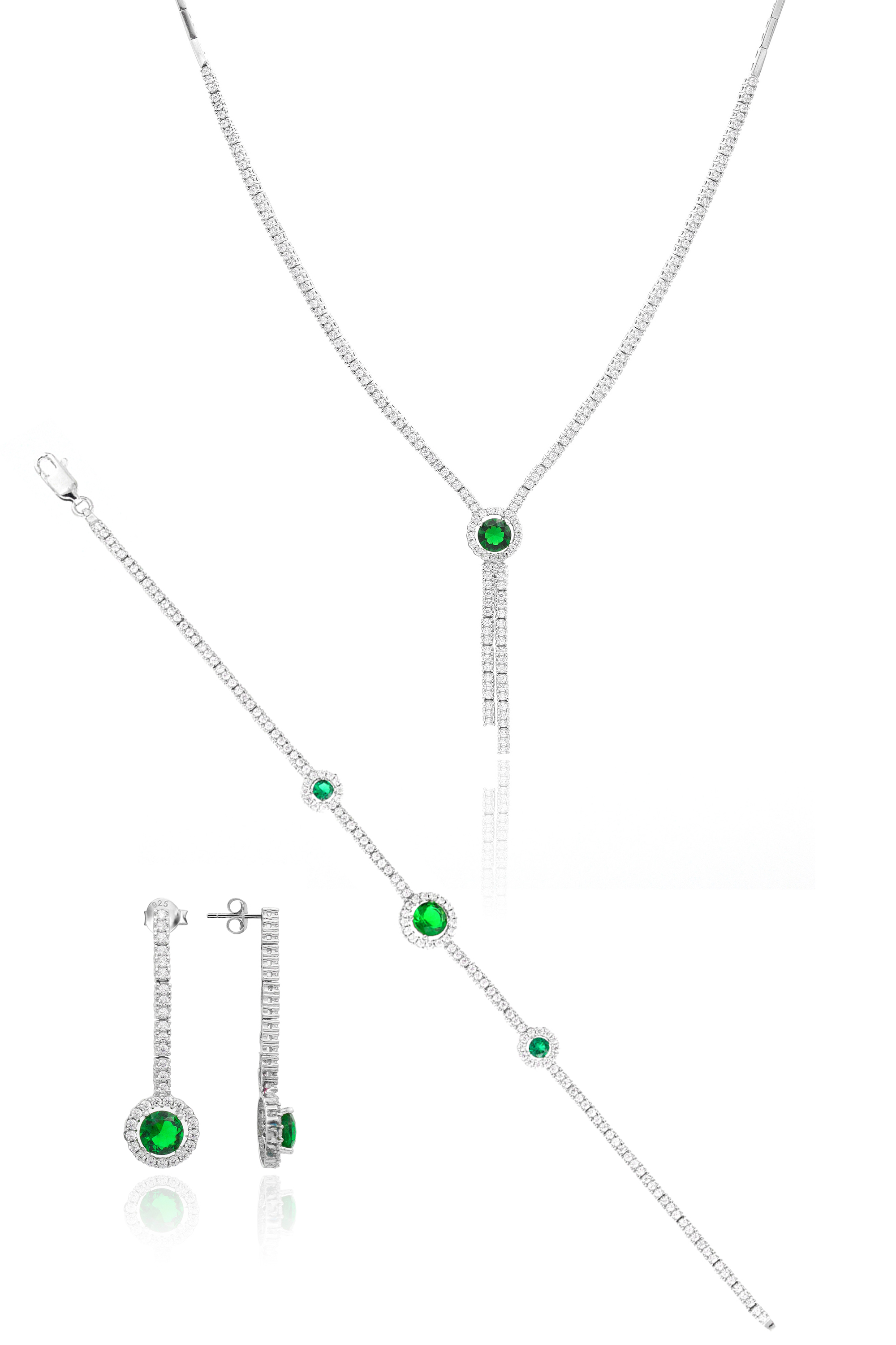 Zümrüt Taşlı Oval Model Gümüş Üçlü Set 201020176