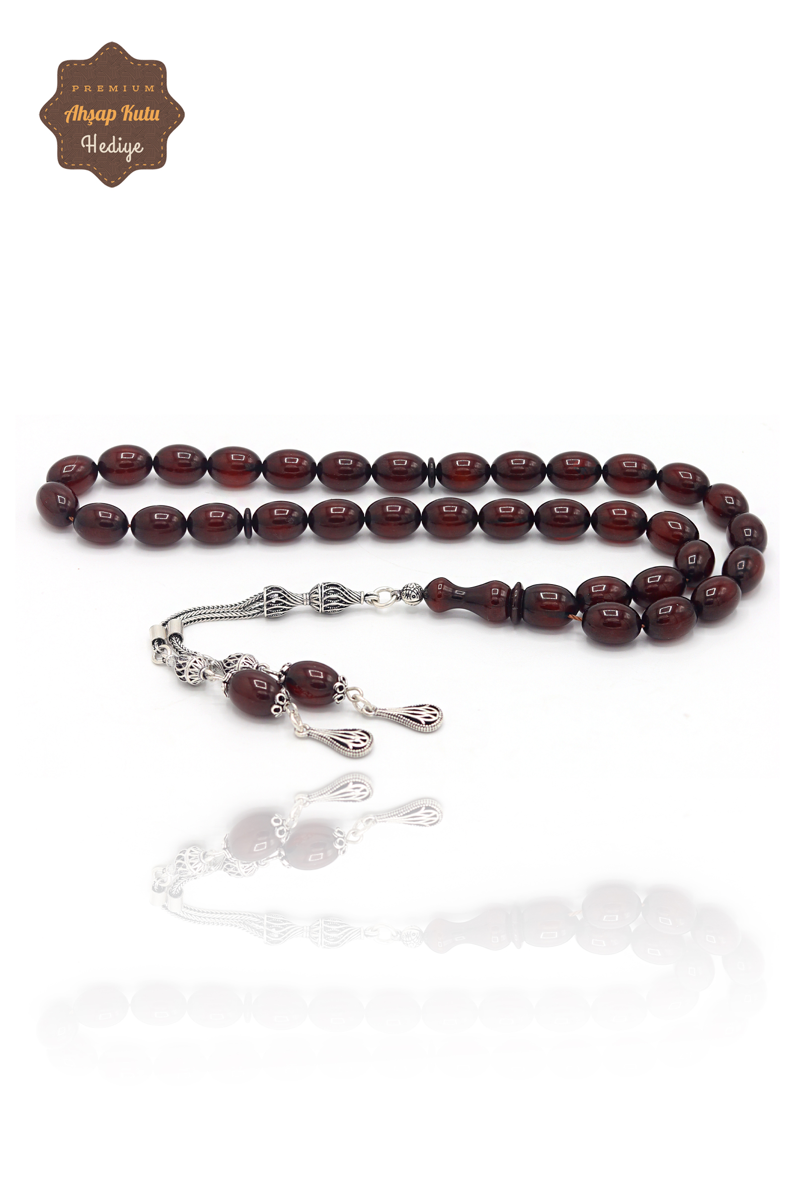 Bordo Arpa Kesim Fırınlanmış Gümüş Püsküllü Sıkma Kehribar Tesbih 201023887