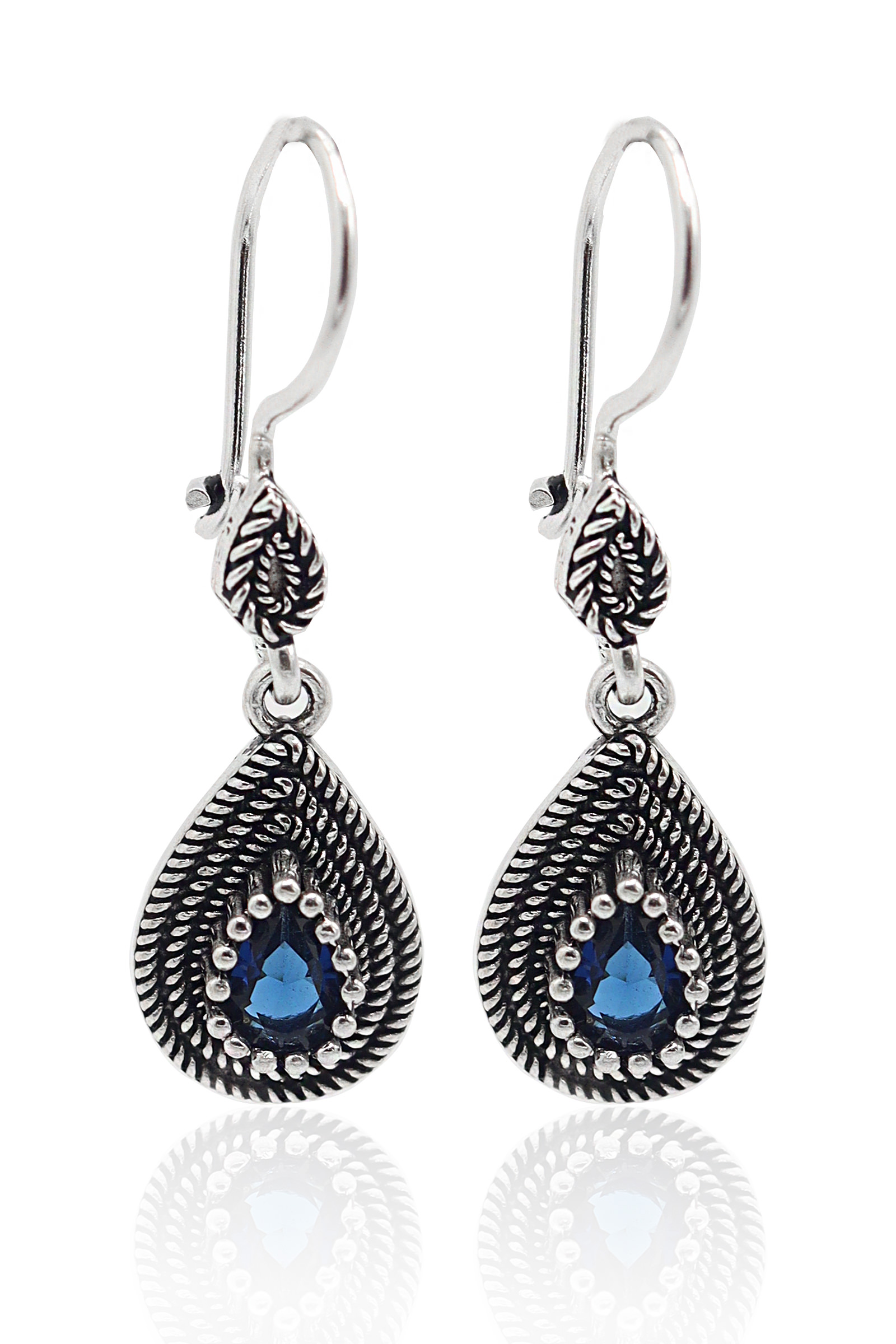 Safir Taşlı Damla Model Oksitli Telkari Gümüş Bayan Küpe 201023142