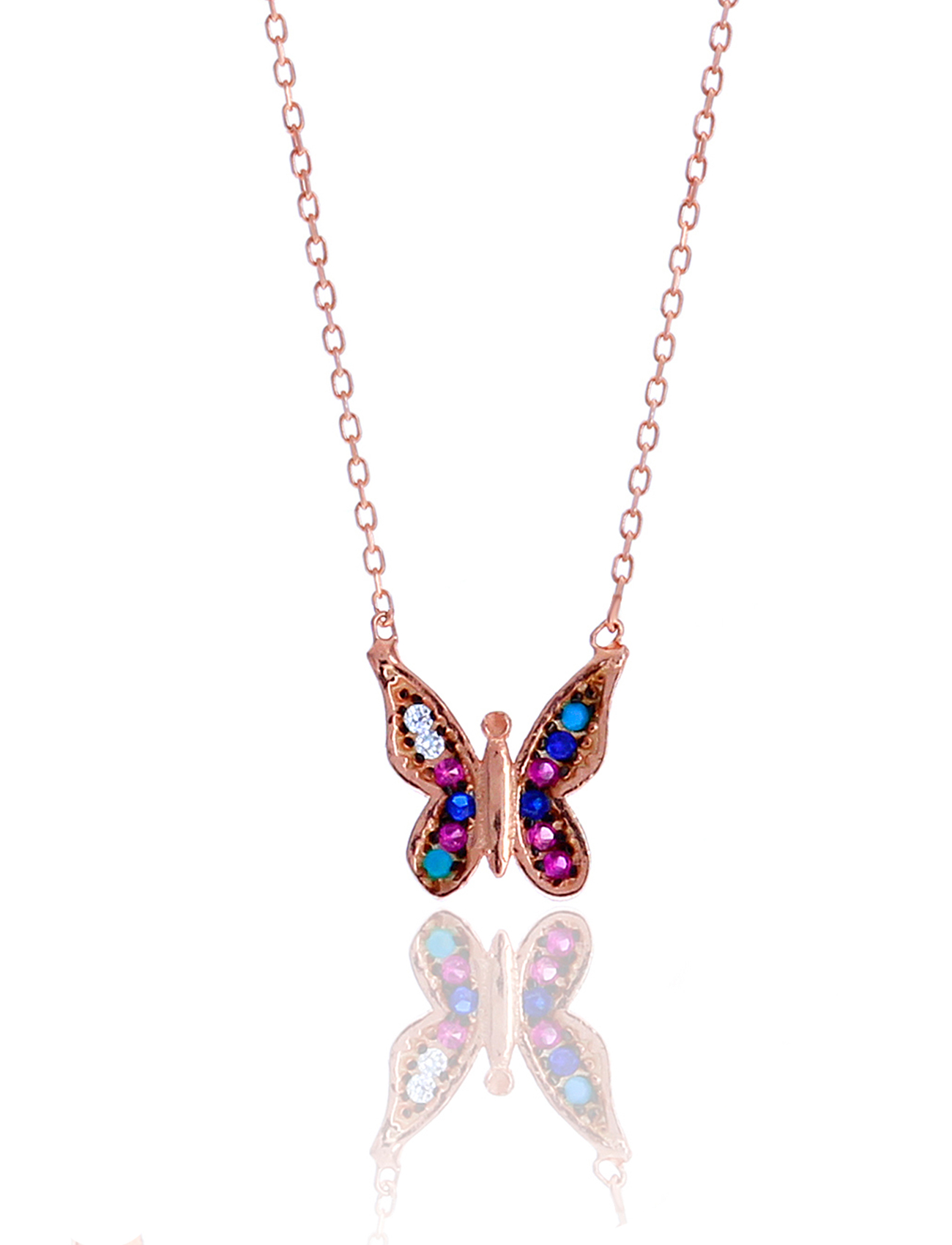 Karışık Renkli Kelebek Model Zirkon Taşlı Rose Kaplama Gümüş Kadın Kolye 201025016