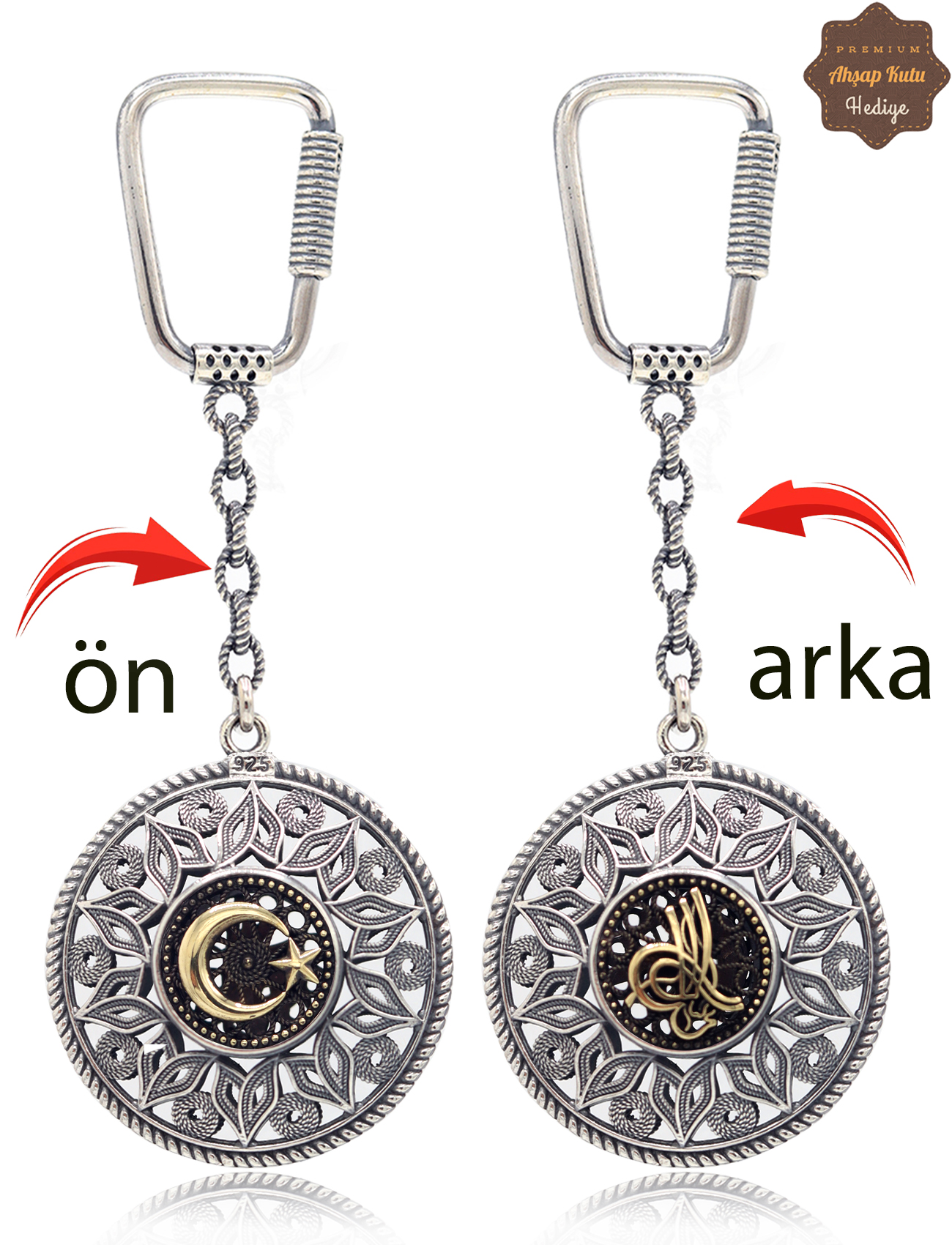 Ayyıldız ve Tuğralı Lale Model Çift Taraflı Oksitli Gümüş Telkari Anahtarlık 201025182
