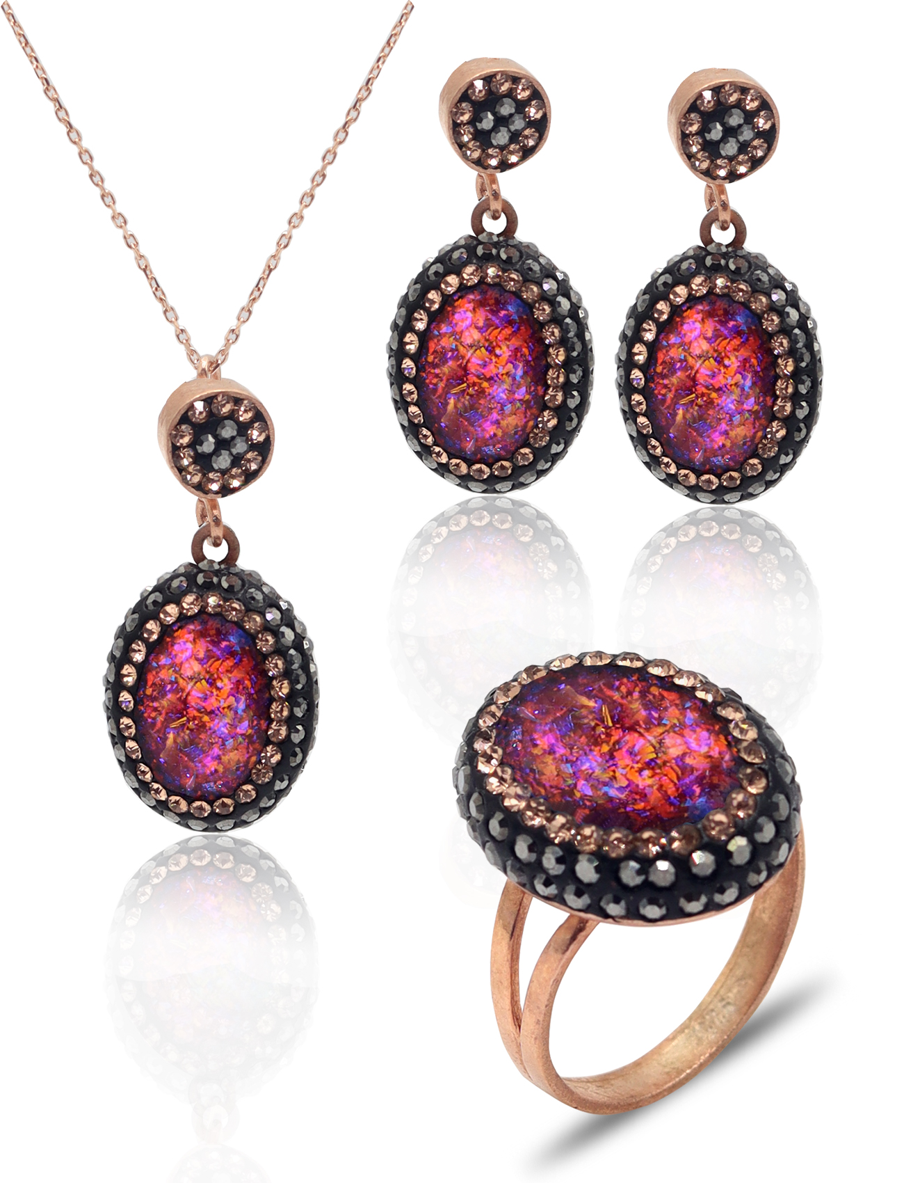 Pembe Paraiba ve Swarovski Taşlı 925 Ayar Gümüş Kadın Üçlü Set 201025579