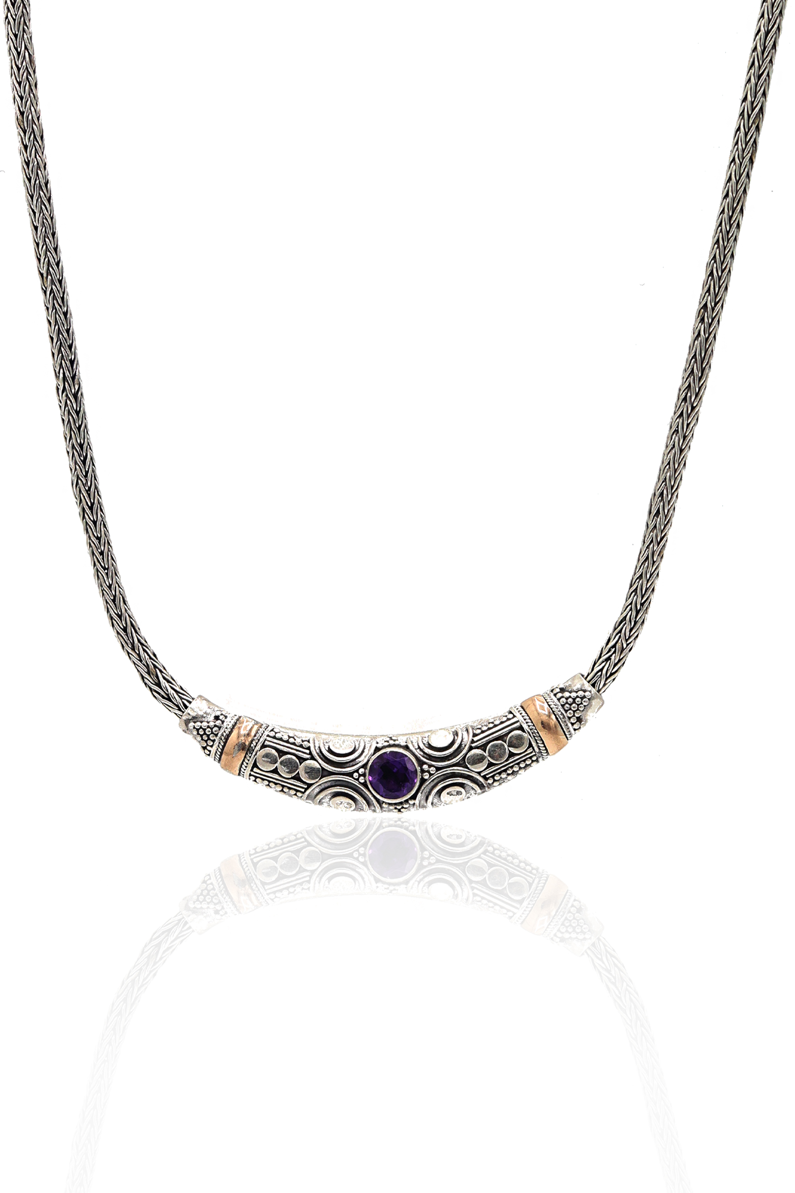 Ametist Taşlı 925 Ayar Saf Gümüş Hasır Zincir Unisex Kolye 201023657