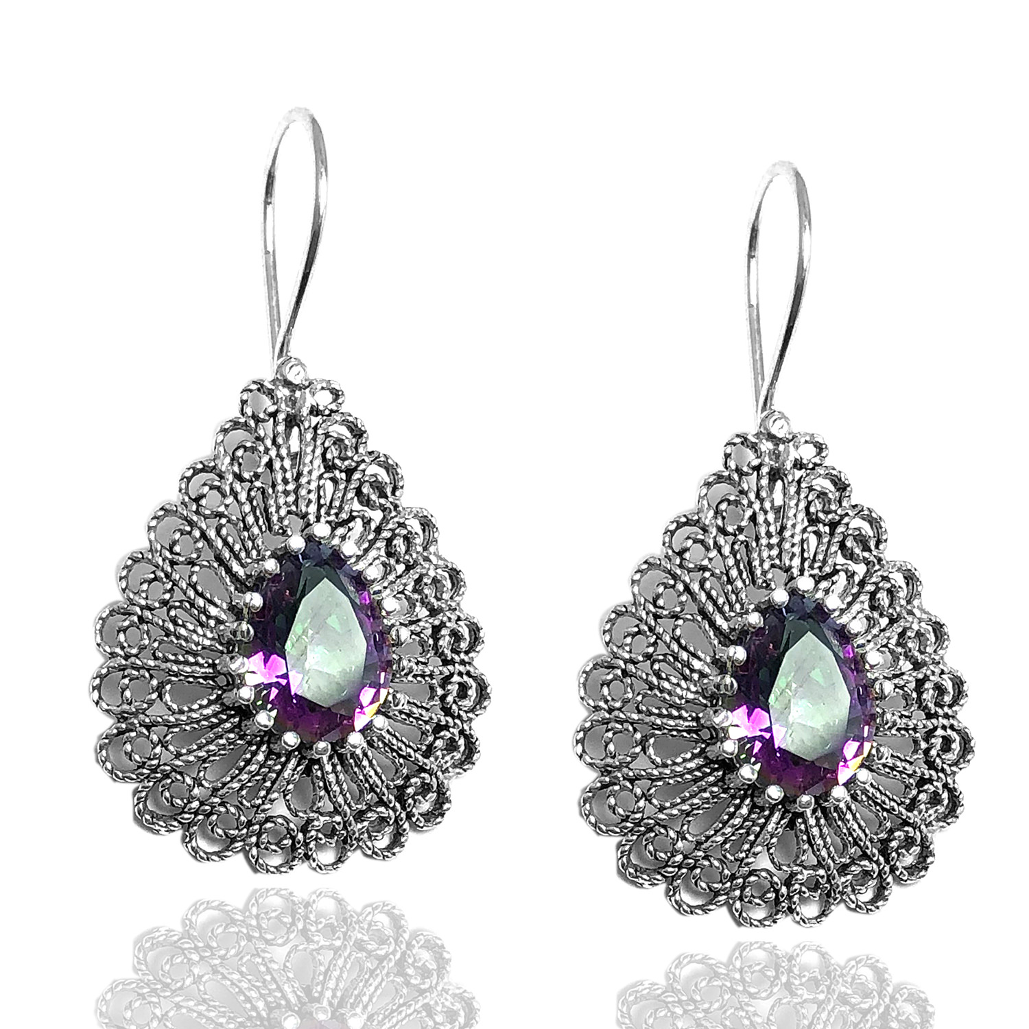 Mistik Topaz Taşlı Yuvarlak Model Bayan Telkari Gümüş Küpe 201014837