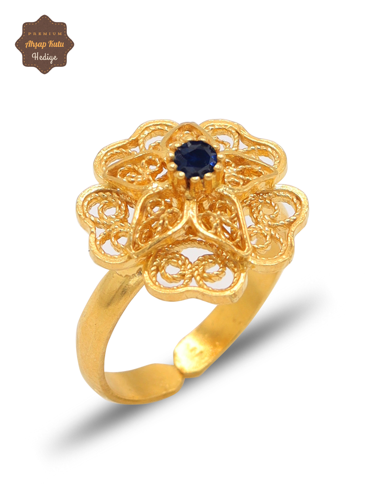 Safir Taşlı Gül Model Gold Kaplama 925 Ayar Gümüş Telkari Kadın Yüzük 201025484