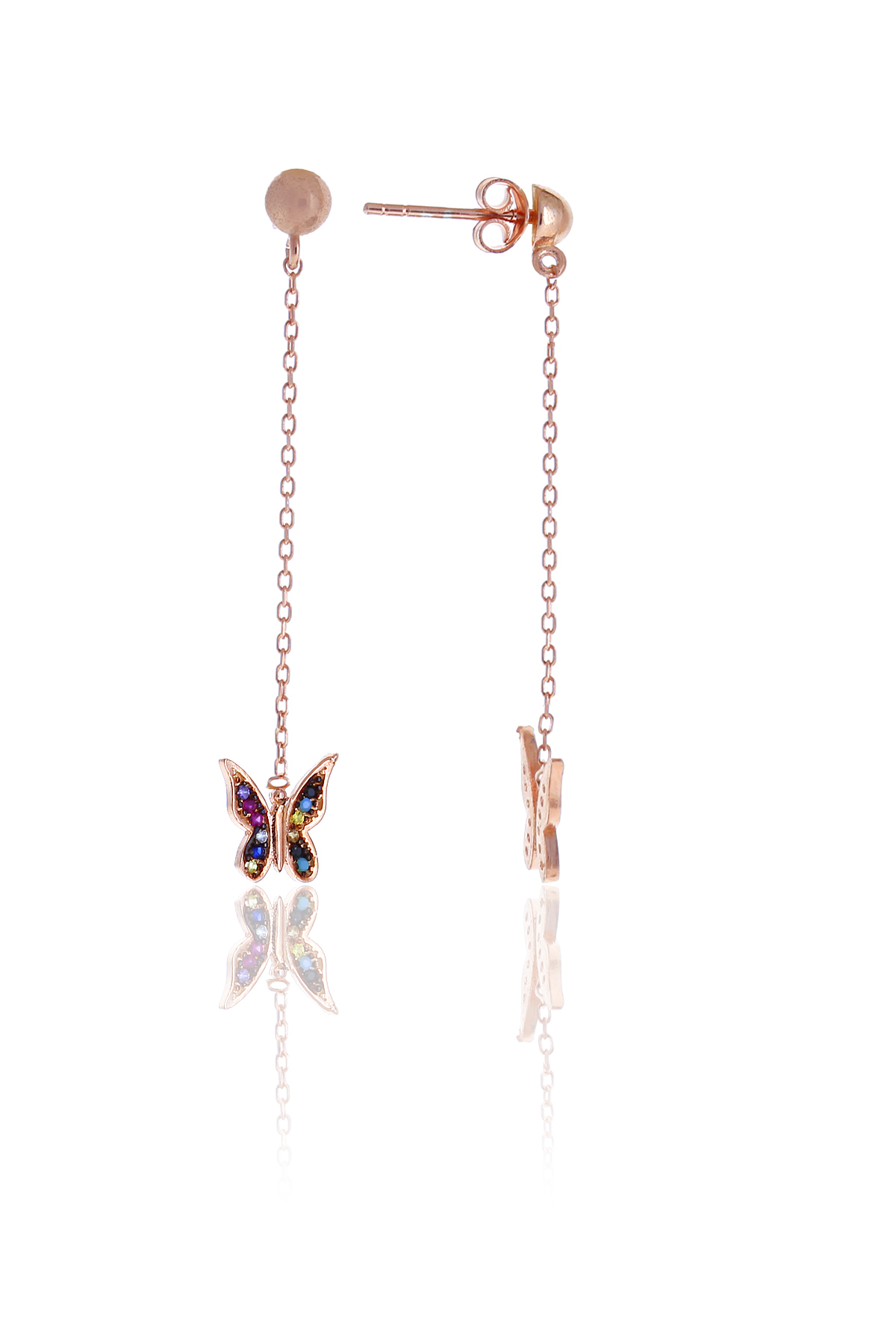 Karışık Renkli Kelebek Model Zirkon Taşlı Rose Kaplama Gümüş Kadın Küpe 201025008