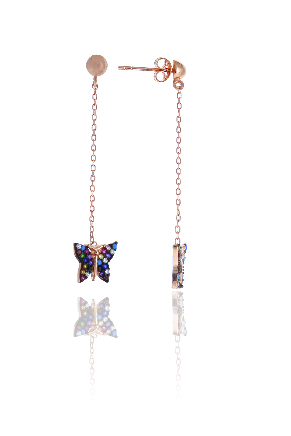 Karışık Renkli Kelebek Model Zirkon Taşlı Rose Kaplama Gümüş Kadın Küpe 201025009