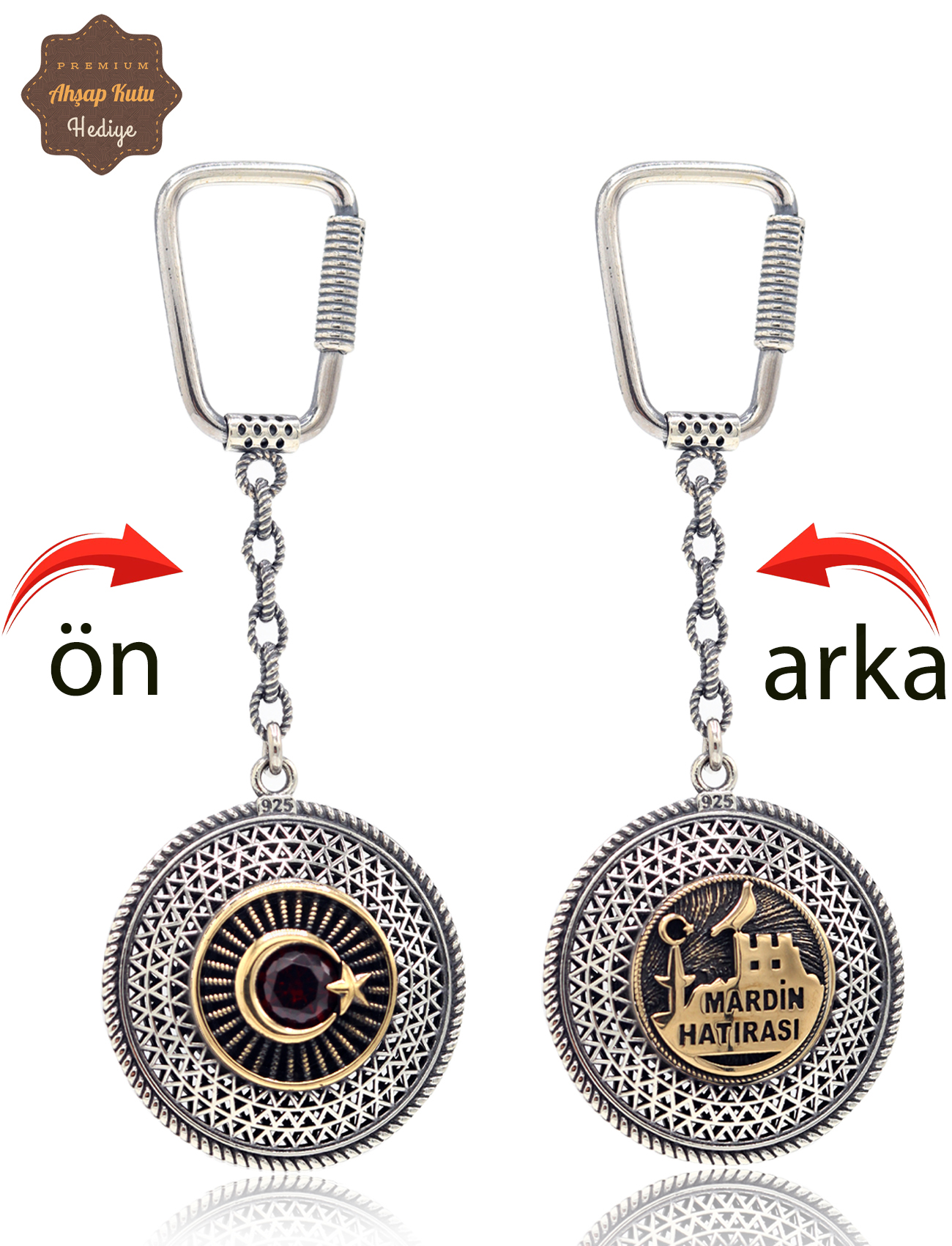 Yakut Taşlı Ayyıldız ve Mardin Hatırası Çift Taraflı Oksitli Gümüş Telkari Anahtarlık 201025171