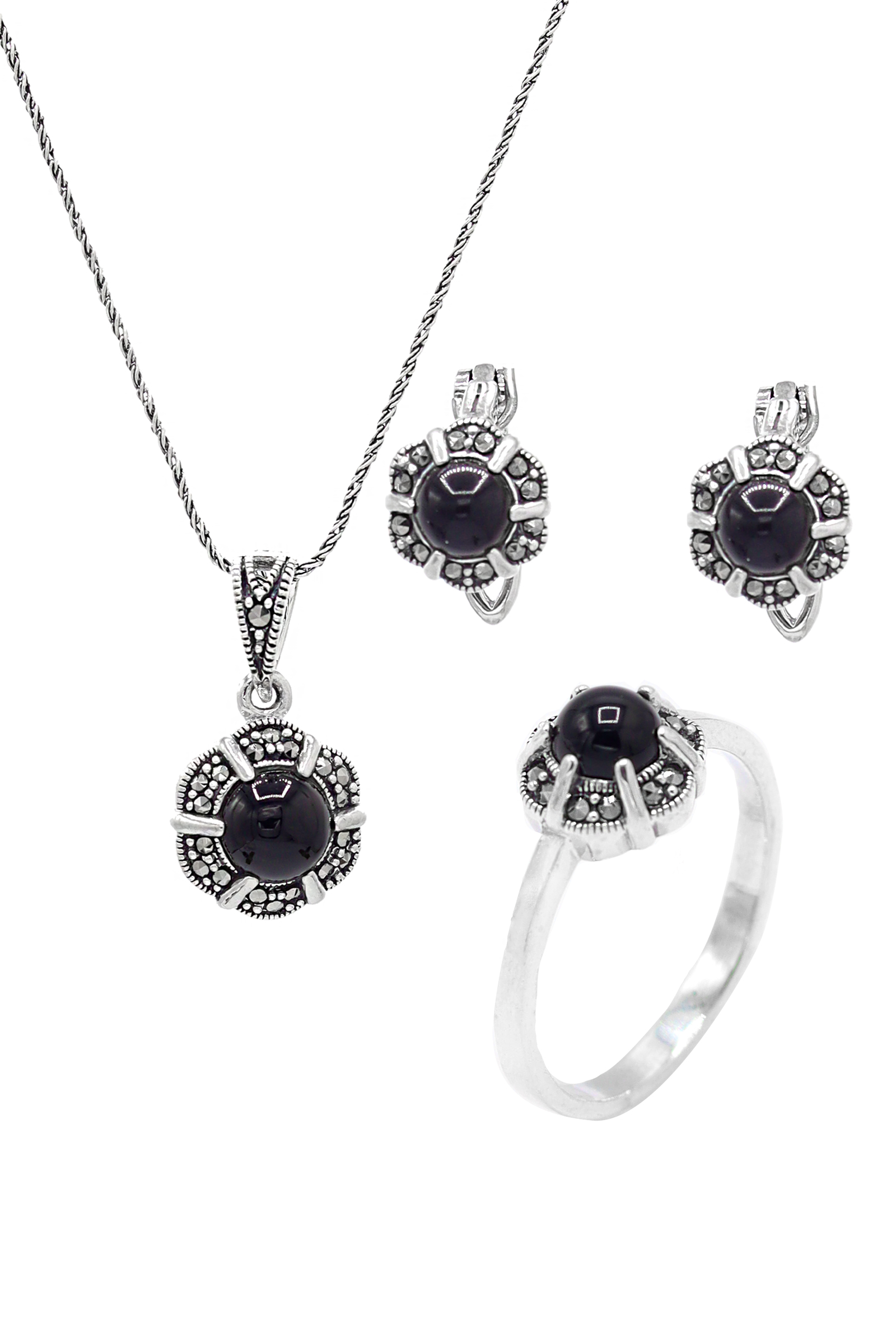 Oniks ve Markazit Taşlı 925 Ayar Gümüş Üçlü Set 201021951