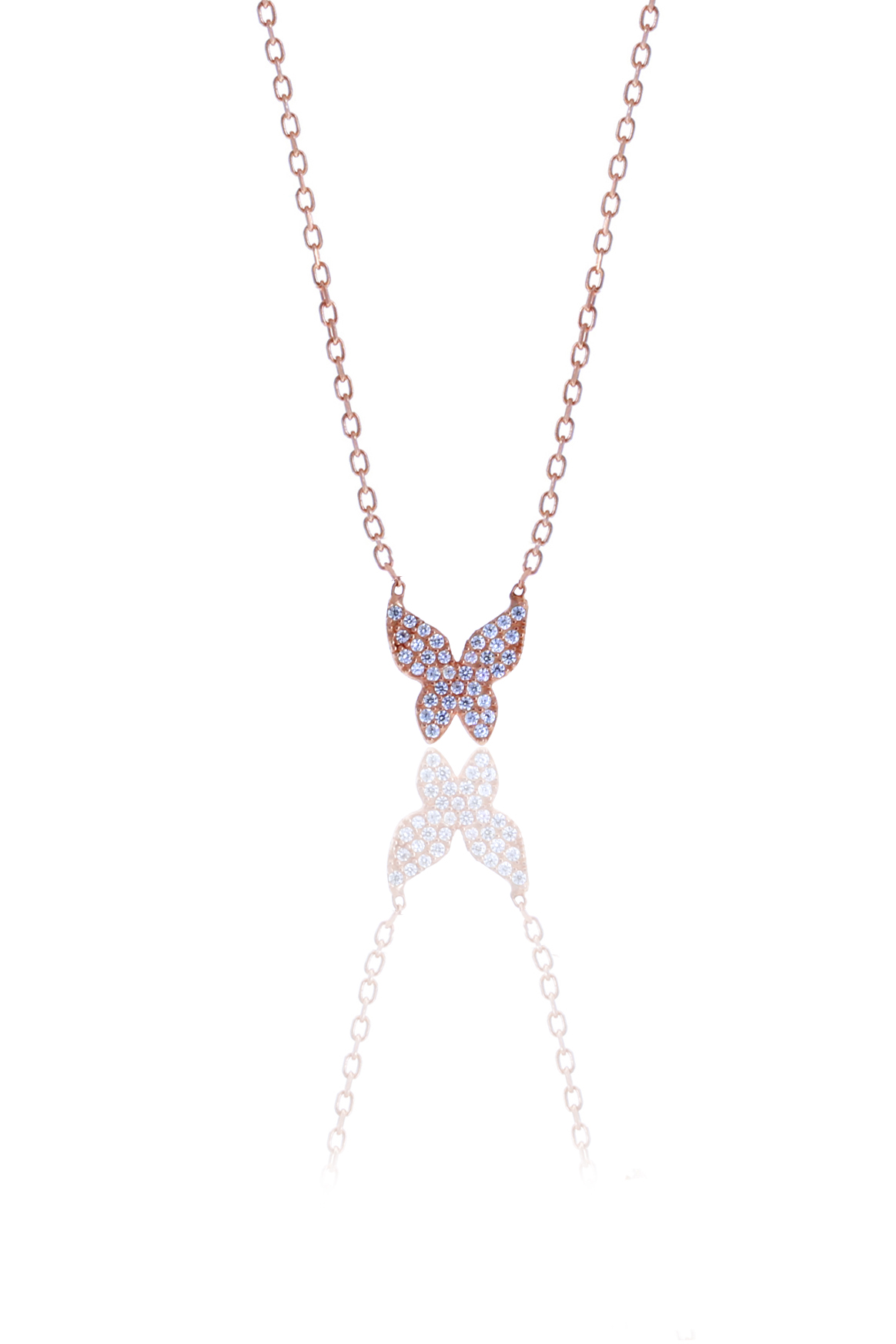 Kelebek Model Zirkon Taşlı Rose Kaplama Gümüş Kadın Kolye 201025012