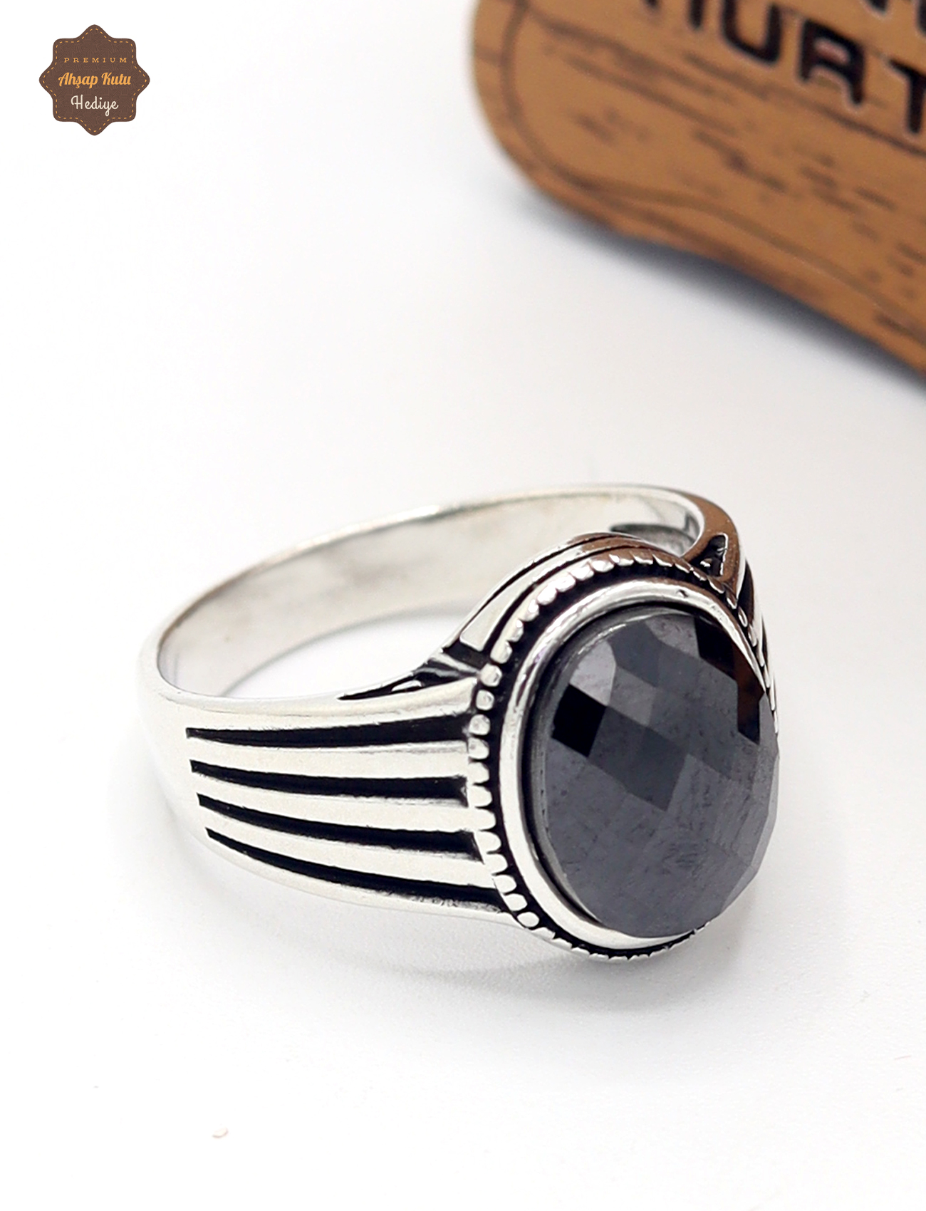 Oval Siyah Zirkon Taşlı Çizgi Desenli 925 Ayar Gümüş Çocuk Yüzüğü 201025381
