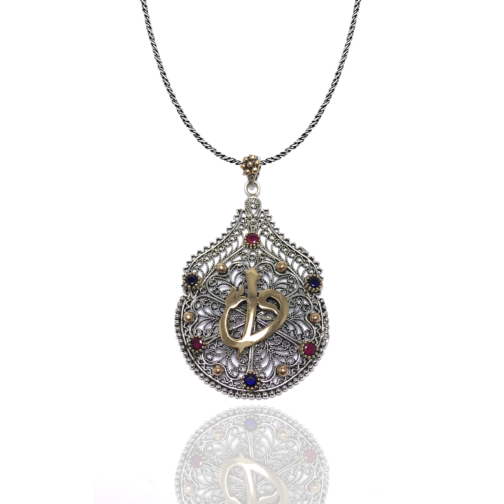 Elif Vav İşlemeli Damla Model 925 Ayar Telkari Gümüş Kolye