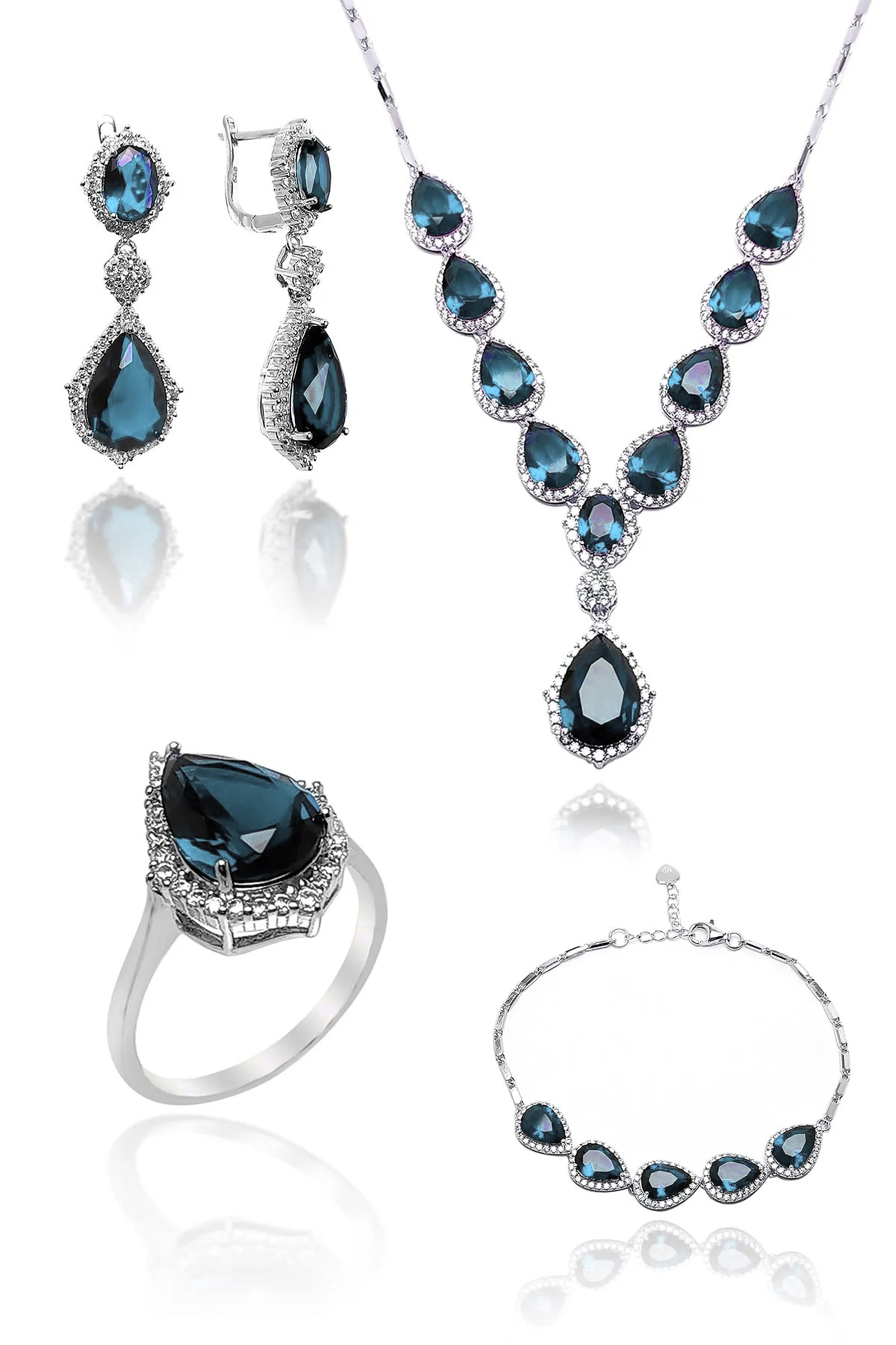 Akuamarin Taşlı Damla Model 925 Ayar Gümüş Dörtlü Set 201023430