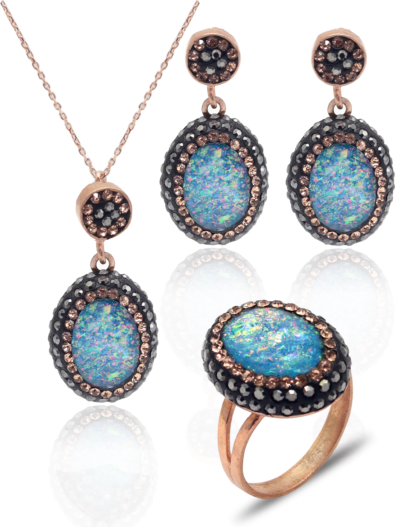 Turkuaz Paraiba ve Swarovski Taşlı 925 Ayar Gümüş Kadın Üçlü Set 201025580
