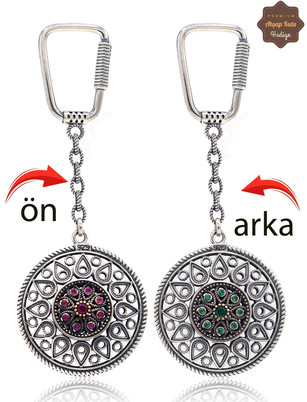Yakut ve Zümrüt Taşlı Damla Model Çift Taraflı Oksitli Gümüş Telkari Anahtarlık 201025177