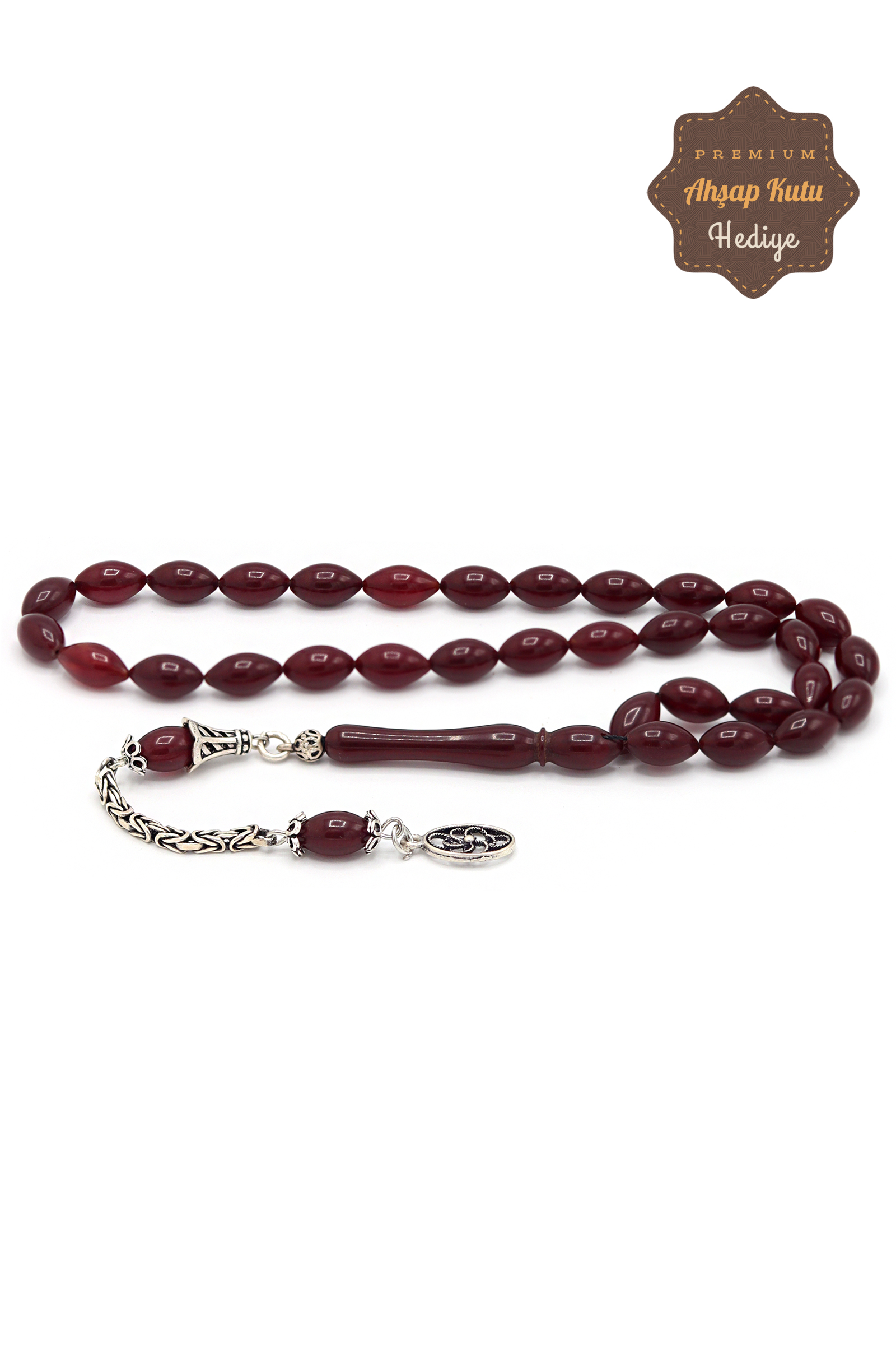 Koyu Bordo Arpa Kesim Gümüş Püsküllü Ateş Kehribar Tesbih 201022513