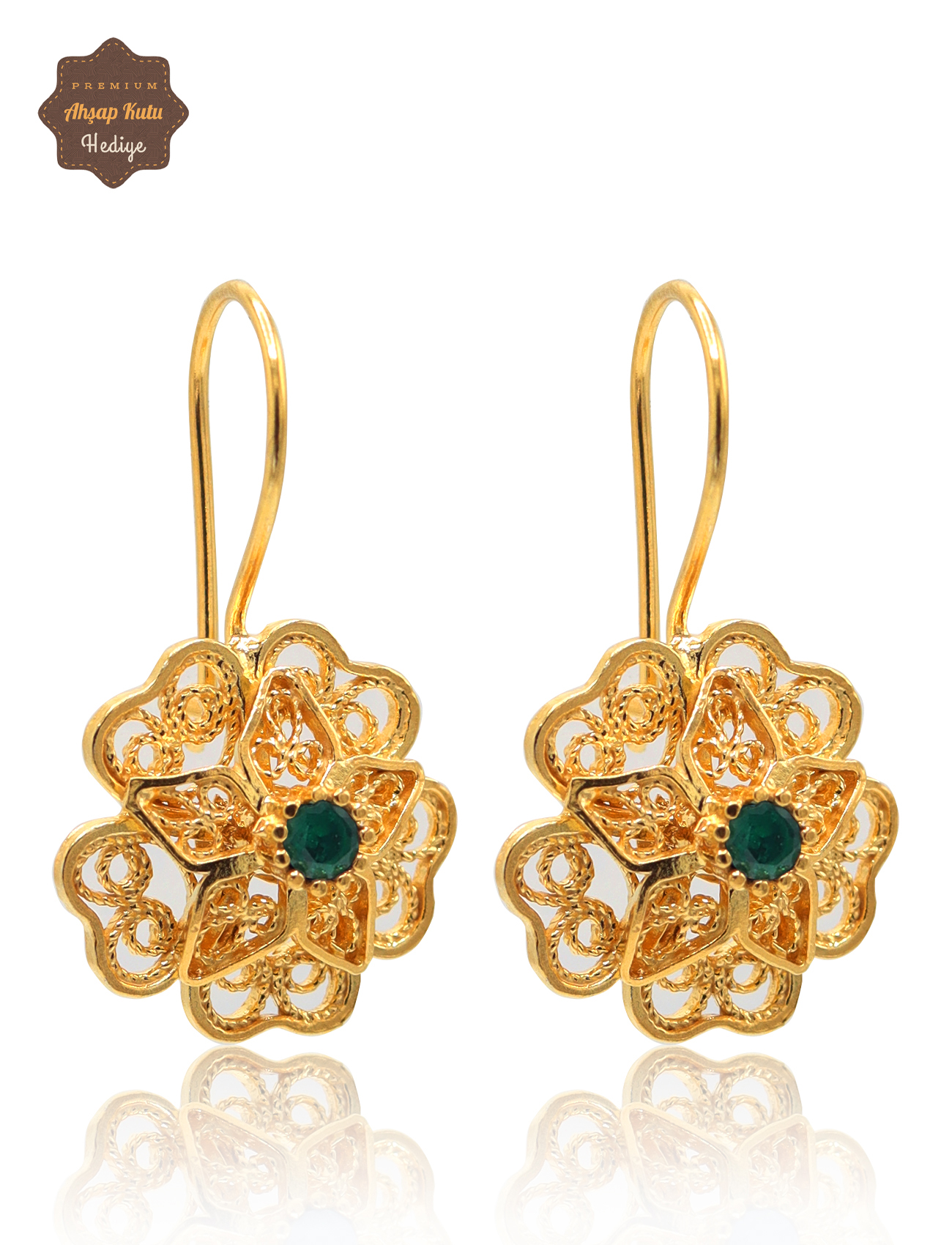 Zümrüt Taşlı Gül Model Gold Kaplama 925 Ayar Gümüş Telkari Kadın Küpe 201025493