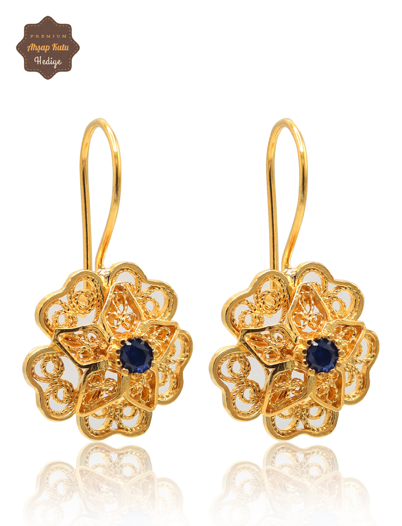 Safir Taşlı Gül Model Gold Kaplama 925 Ayar Gümüş Telkari Kadın Küpe 201025492