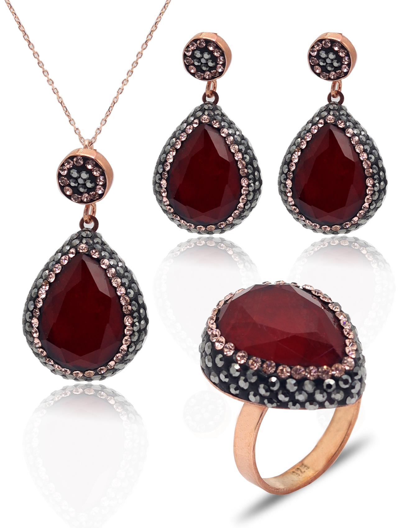 Yakut ve Swarovski Taşlı 925 Ayar Gümüş Kadın Üçlü Set 201025576