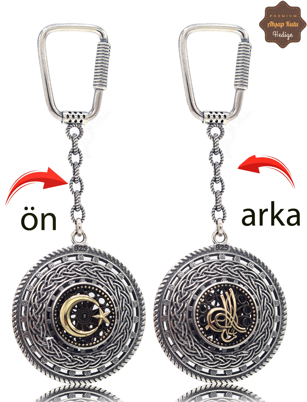 Ayyıldız ve Tuğralı Örgü Model Çift Taraflı Oksitli Gümüş Telkari Anahtarlık 201025183