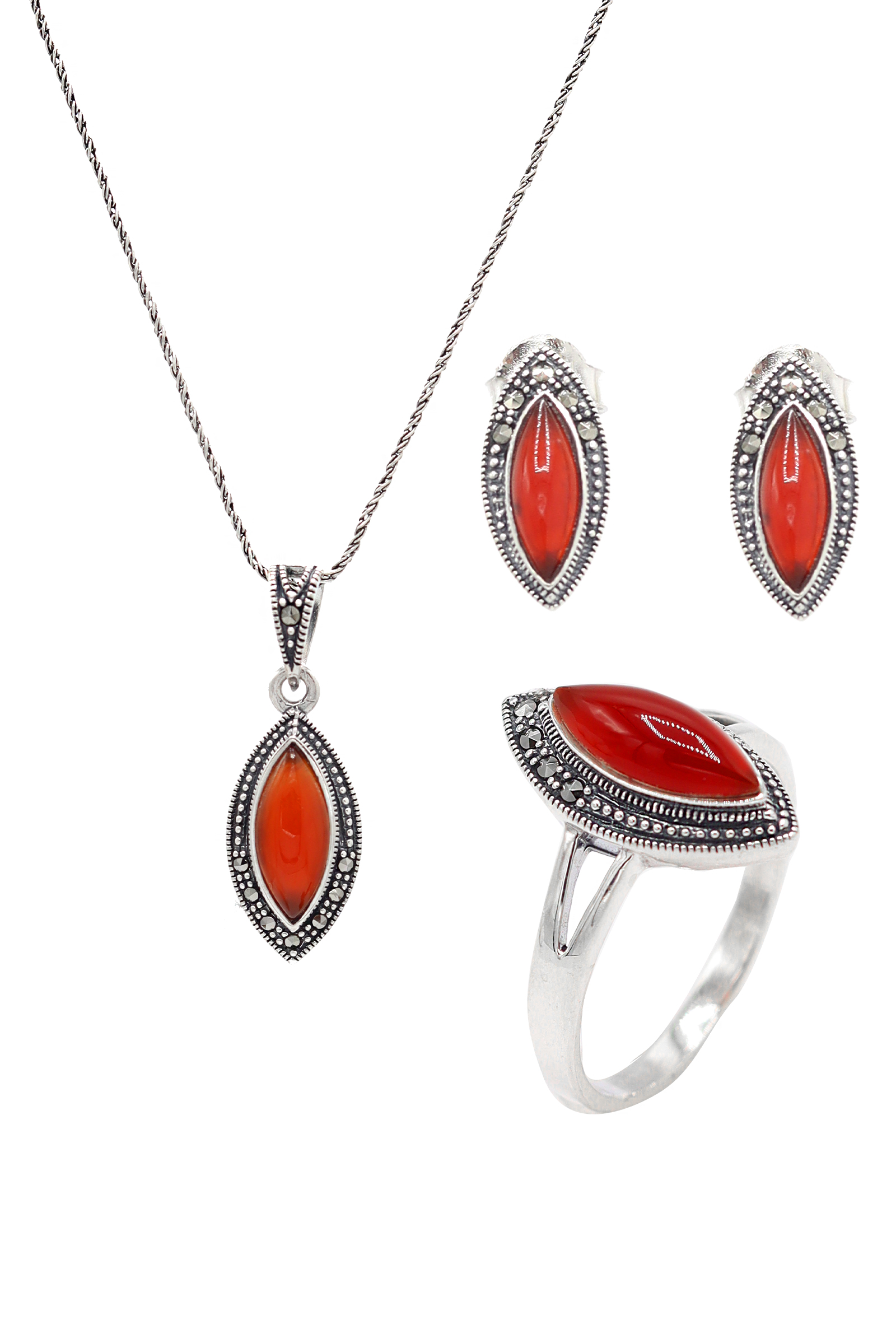 Akik ve Markazit Taşlı 925 Ayar Gümüş Üçlü Set 201021940