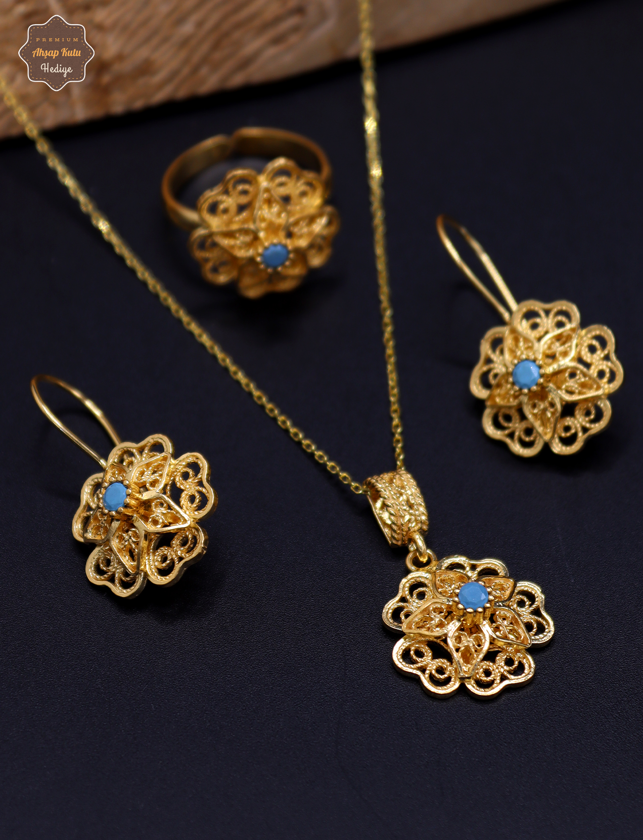 Firuze Taşlı Gül Model Kadın Gold Kaplama 925 Ayar Gümüş Telkari Üçlü Set 201025203