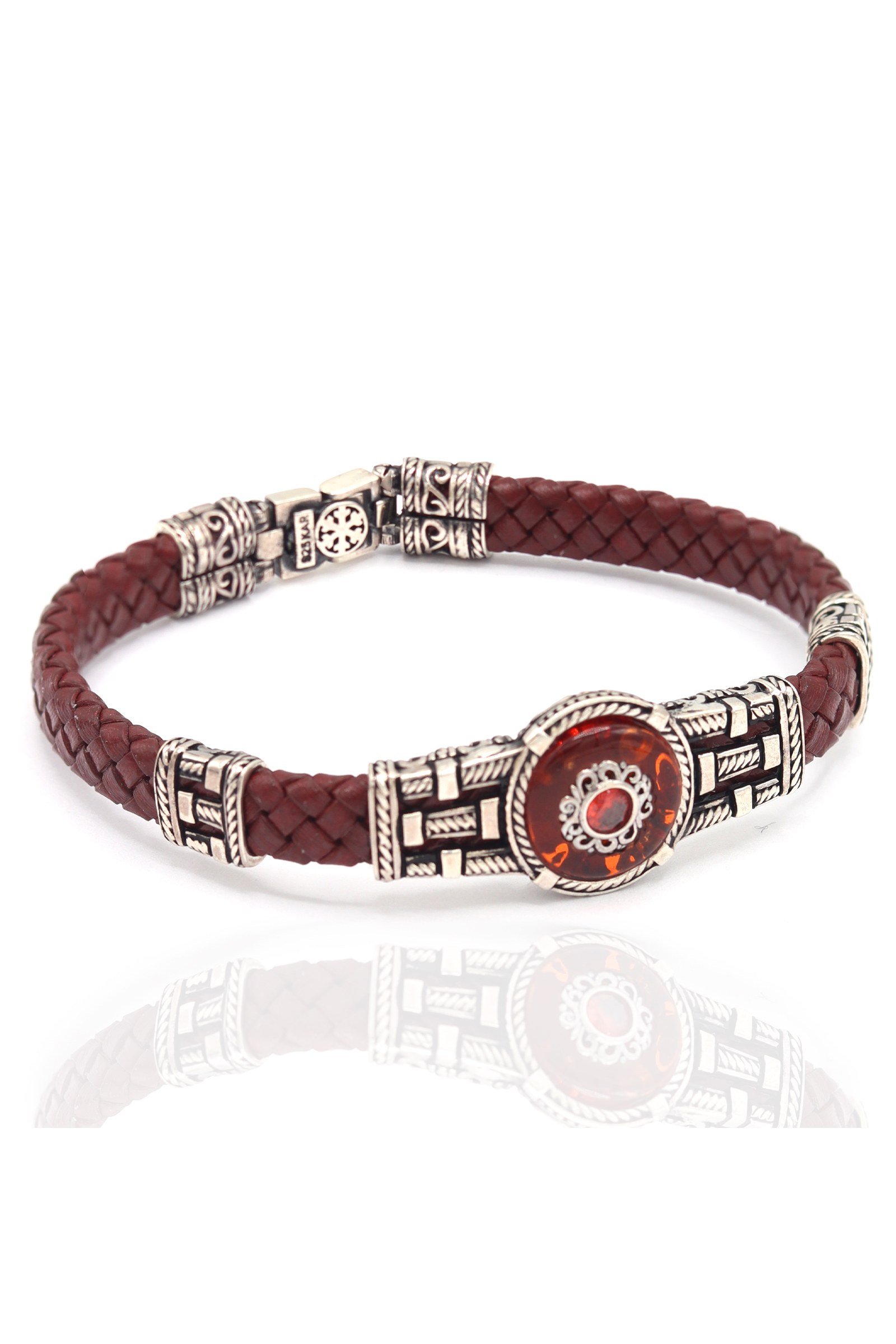 Bordo Deri ve Hasır Tasarım 925 Ayar Gümüş Bileklik 201022325
