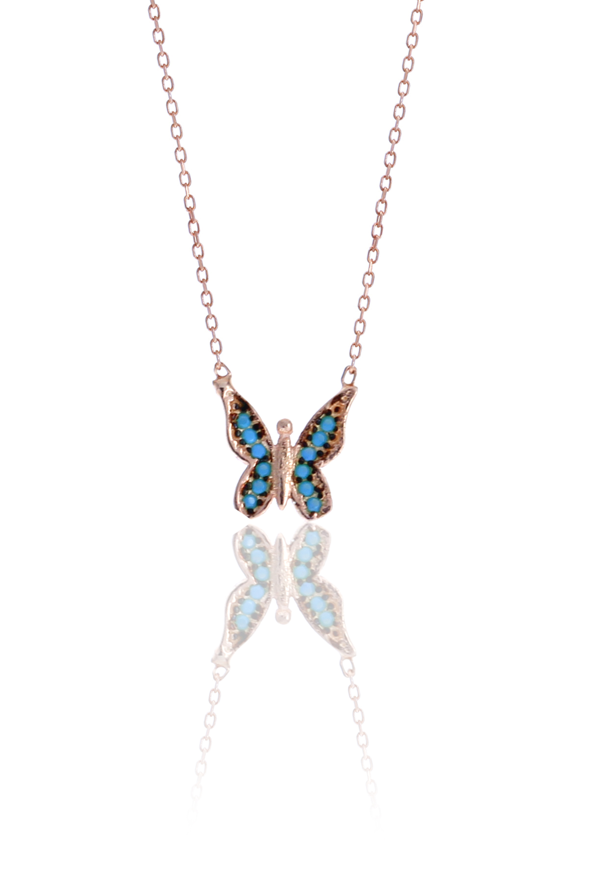 Kelebek Model Firuze Taşlı Rose Kaplama Gümüş Kadın Kolye 201025017