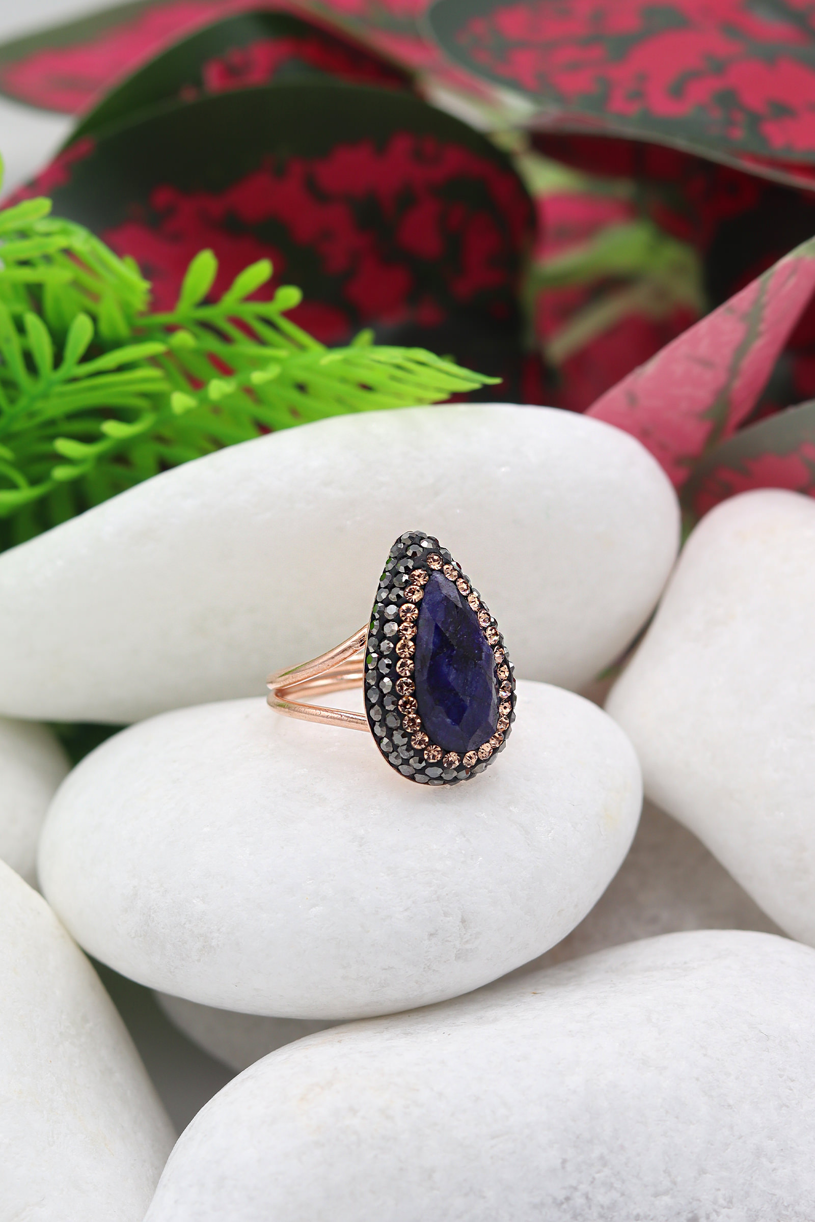 Safir ve Swarovski Taşlı 925 Ayar Bayan Gümüş Yüzük 201022337