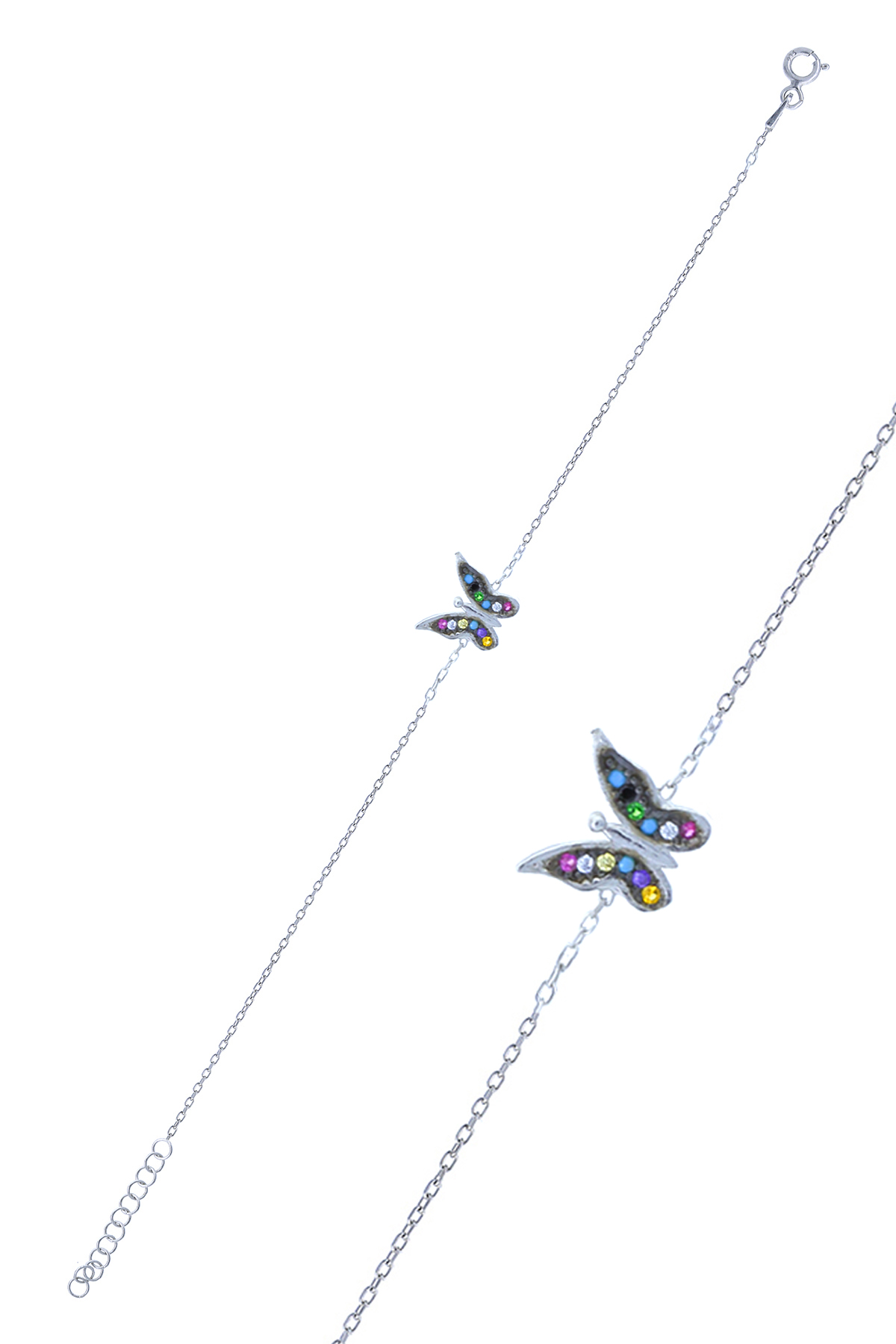 Karışık Renkli Kelebek Model Zirkon Taşlı Gümüş Kadın Bileklik 201024994