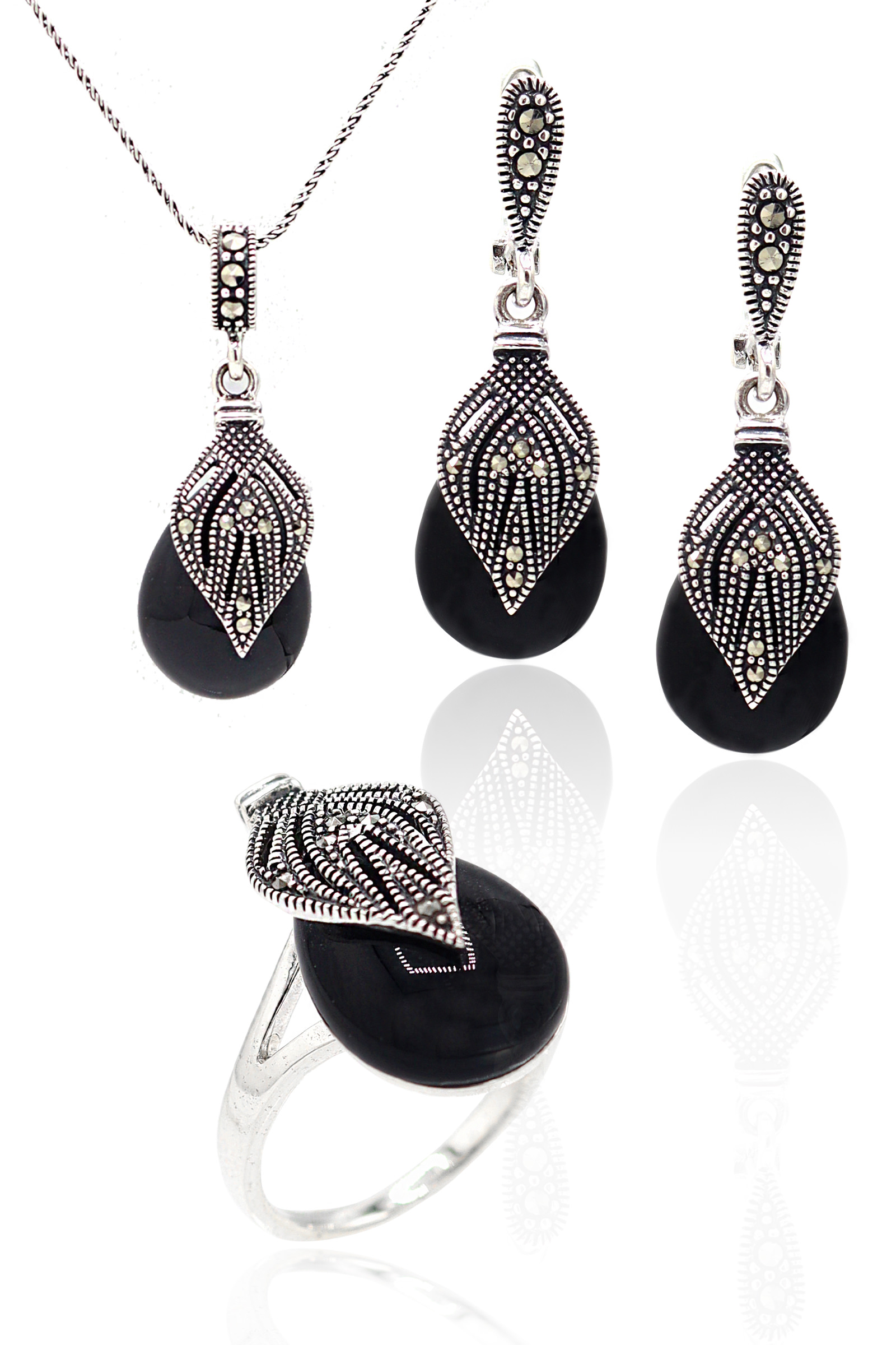 Oniks Taşlı Damla Model Markazit Gümüş Üçlü Takı Seti 201023285